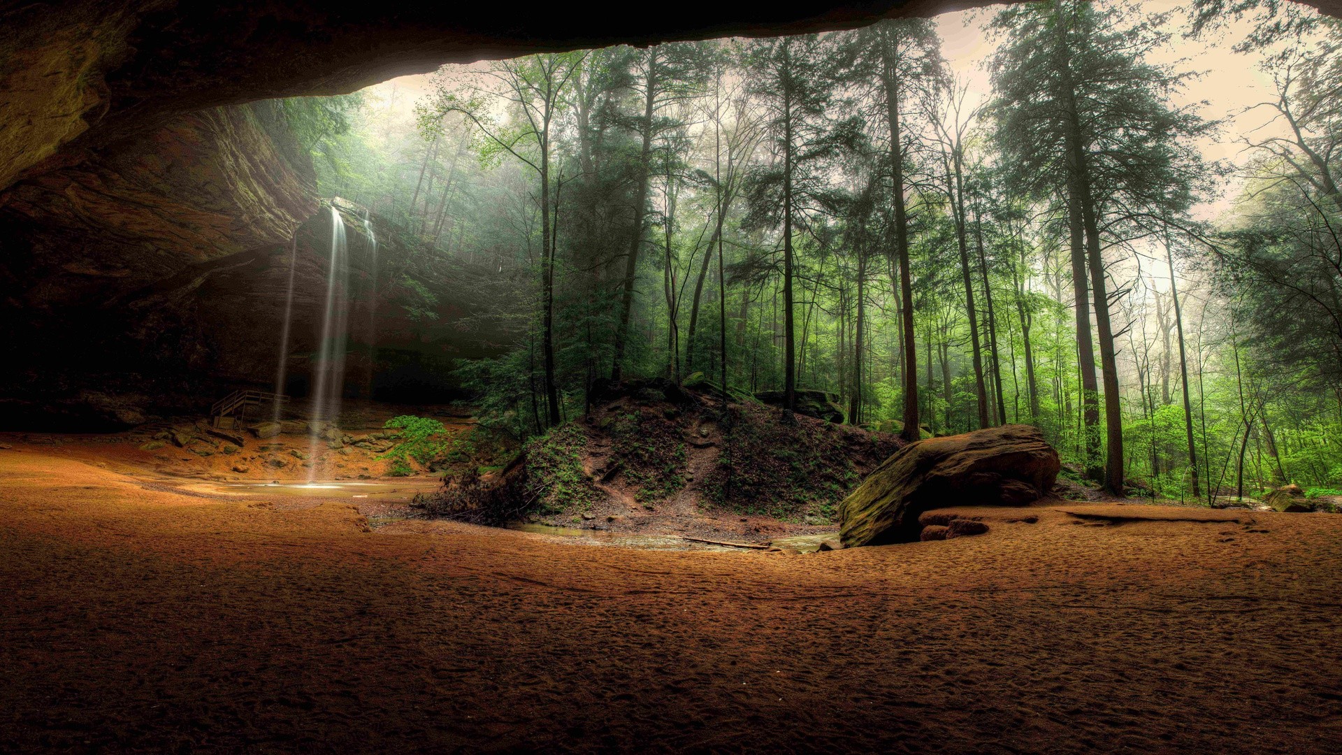 Ash Cave waterfall in a misty forest HD Wallpaper