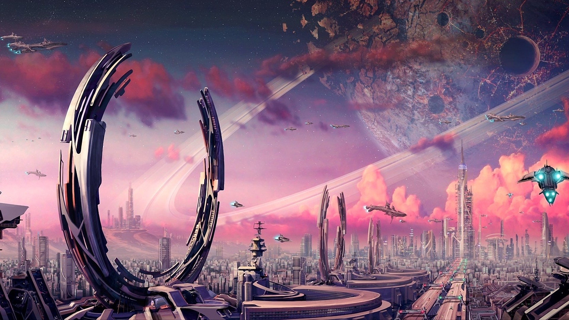 Futuristic Cityscape with Ringed Planet and Spaceships HD Wallpaper