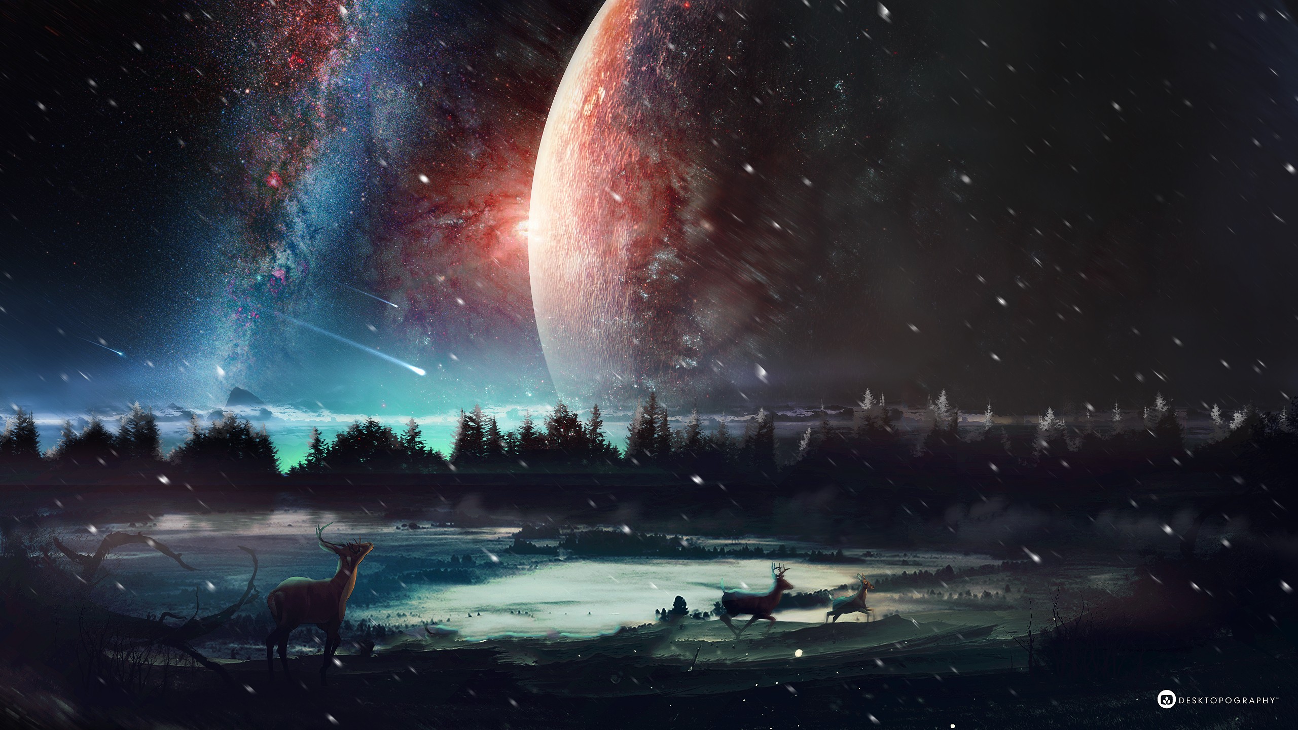 Deer in a snowy landscape with a planet and galaxy HD Wallpaper