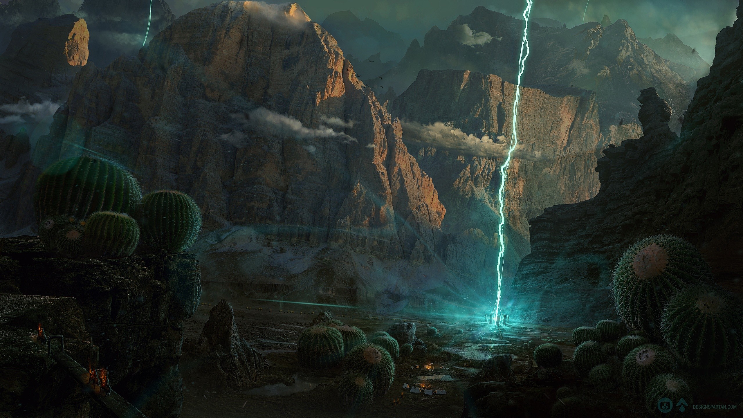 Alien planet landscape with lightning and cacti HD Wallpaper