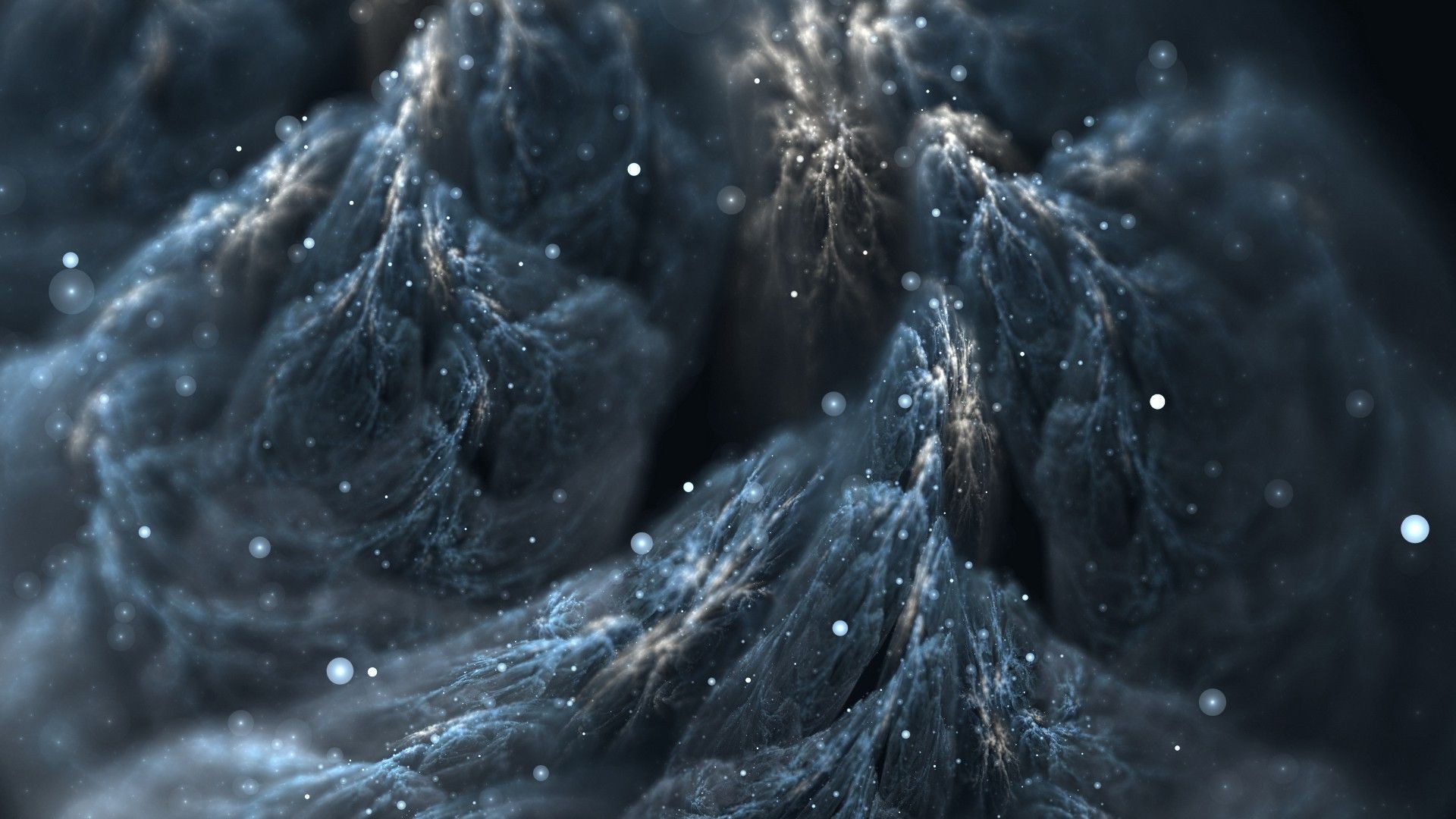 Abstract dark blue and white fractal mountains with glowing particles HD Wallpaper