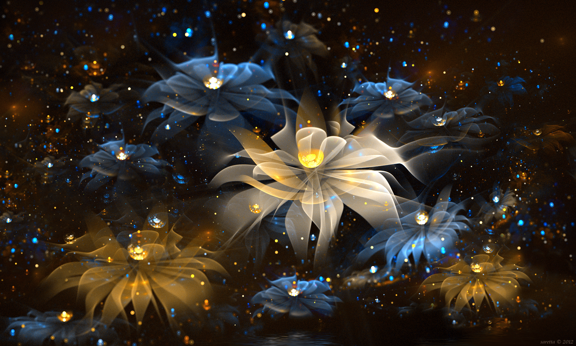 Abstract fractal flowers with glowing particles HD Wallpaper