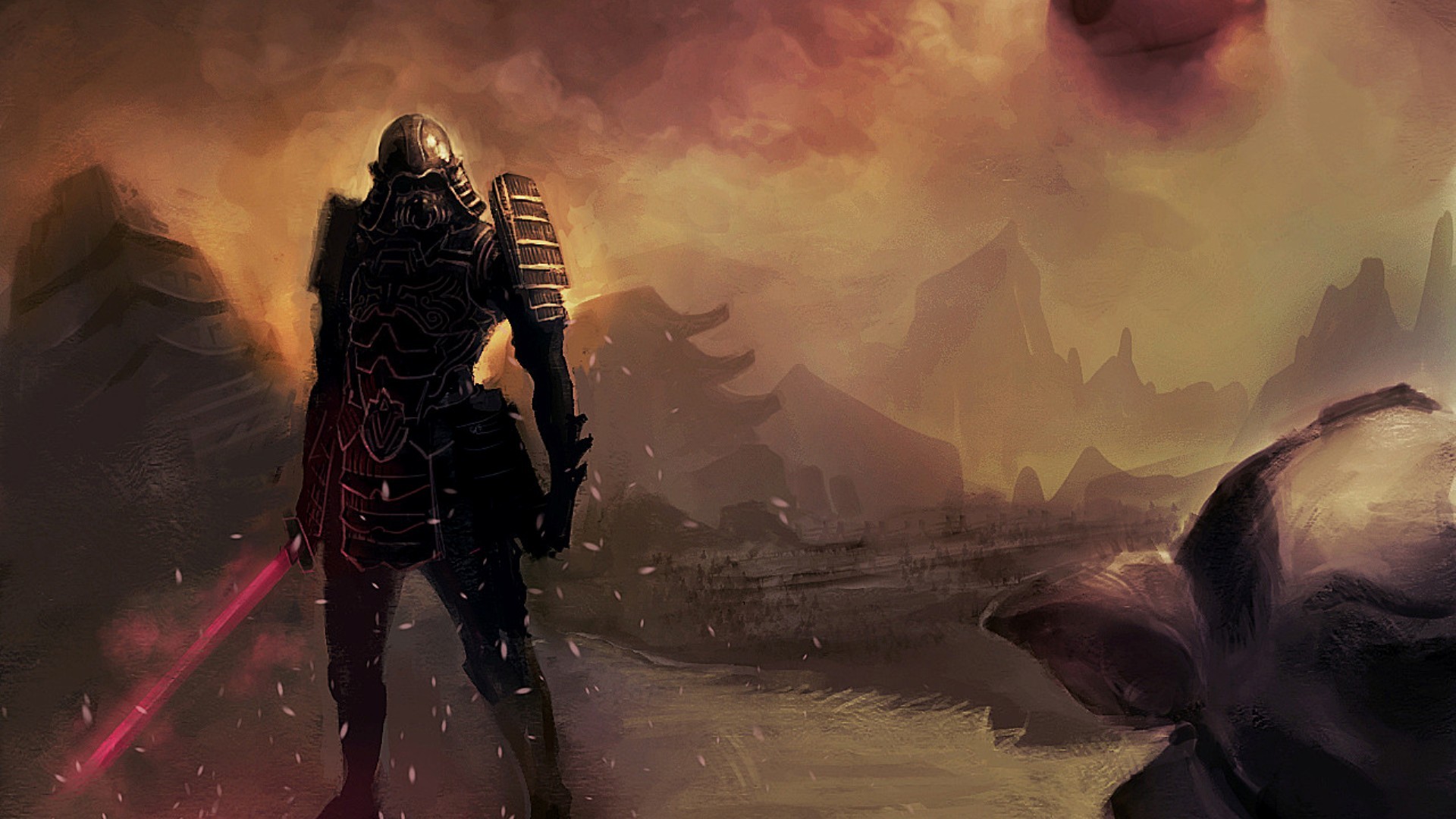 Star Wars Samurai with Red Lightsaber in Fantasy Landscape HD Wallpaper