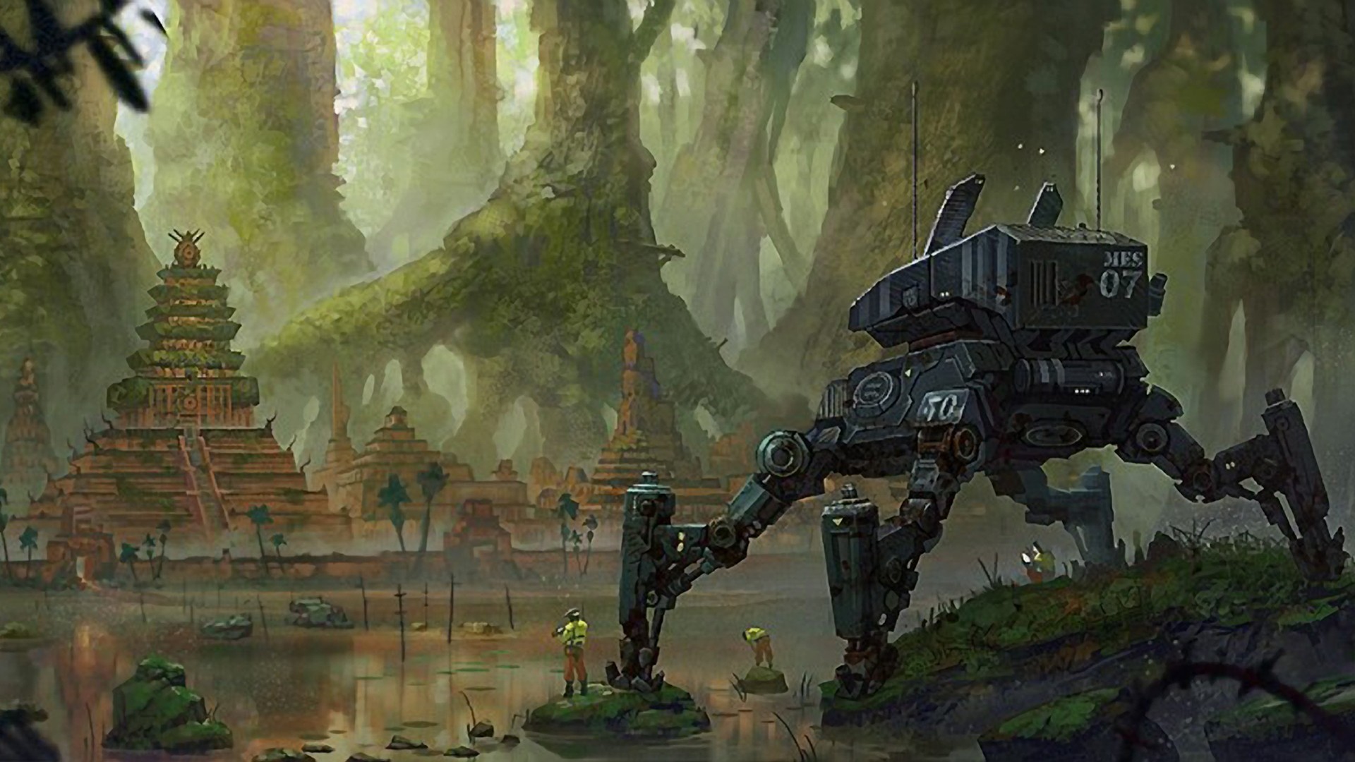 Mech and ancient ruins in a jungle swamp HD Wallpaper