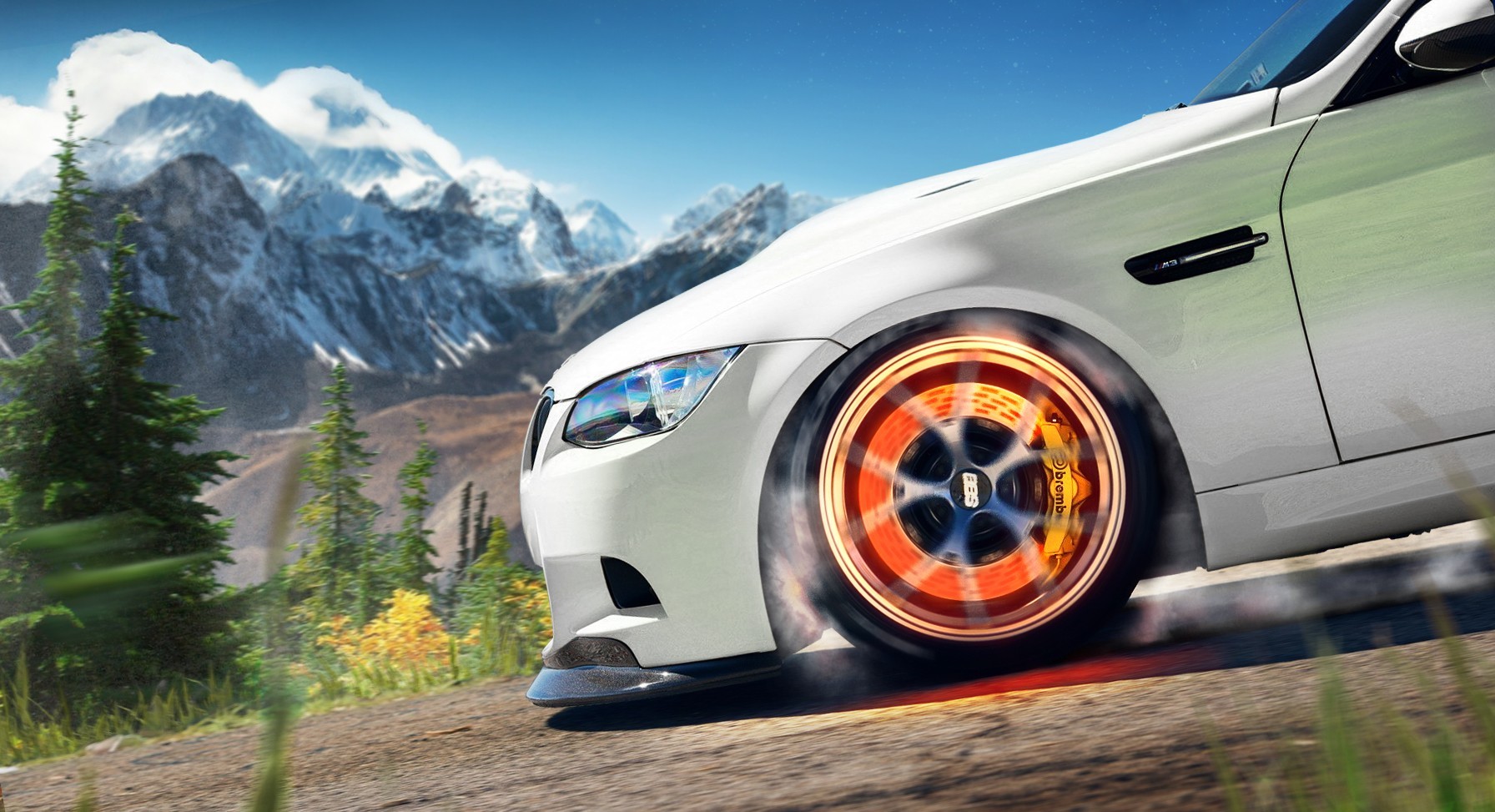 White BMW M3 driving on a mountain road HD Wallpaper