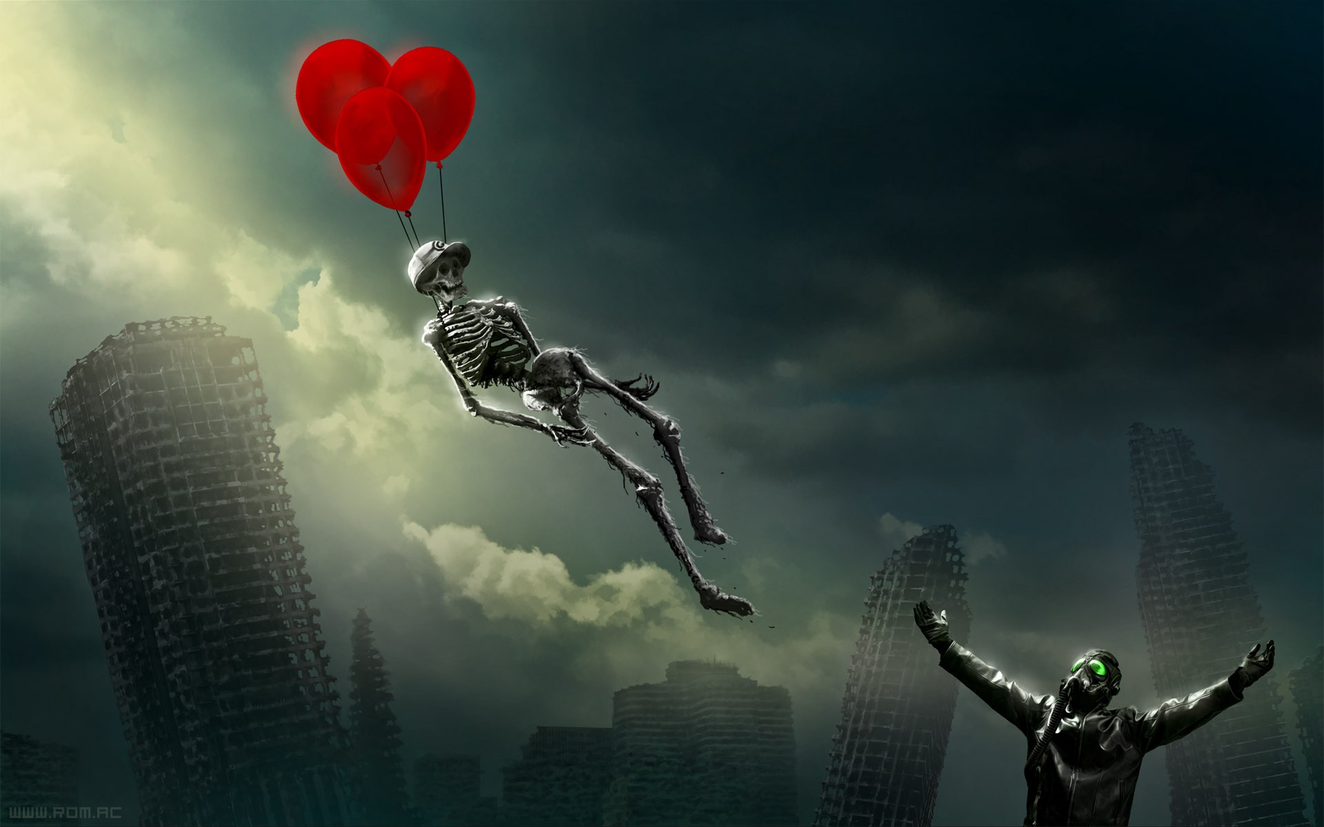 Skeleton with Balloons in Apocalyptic City HD Wallpaper