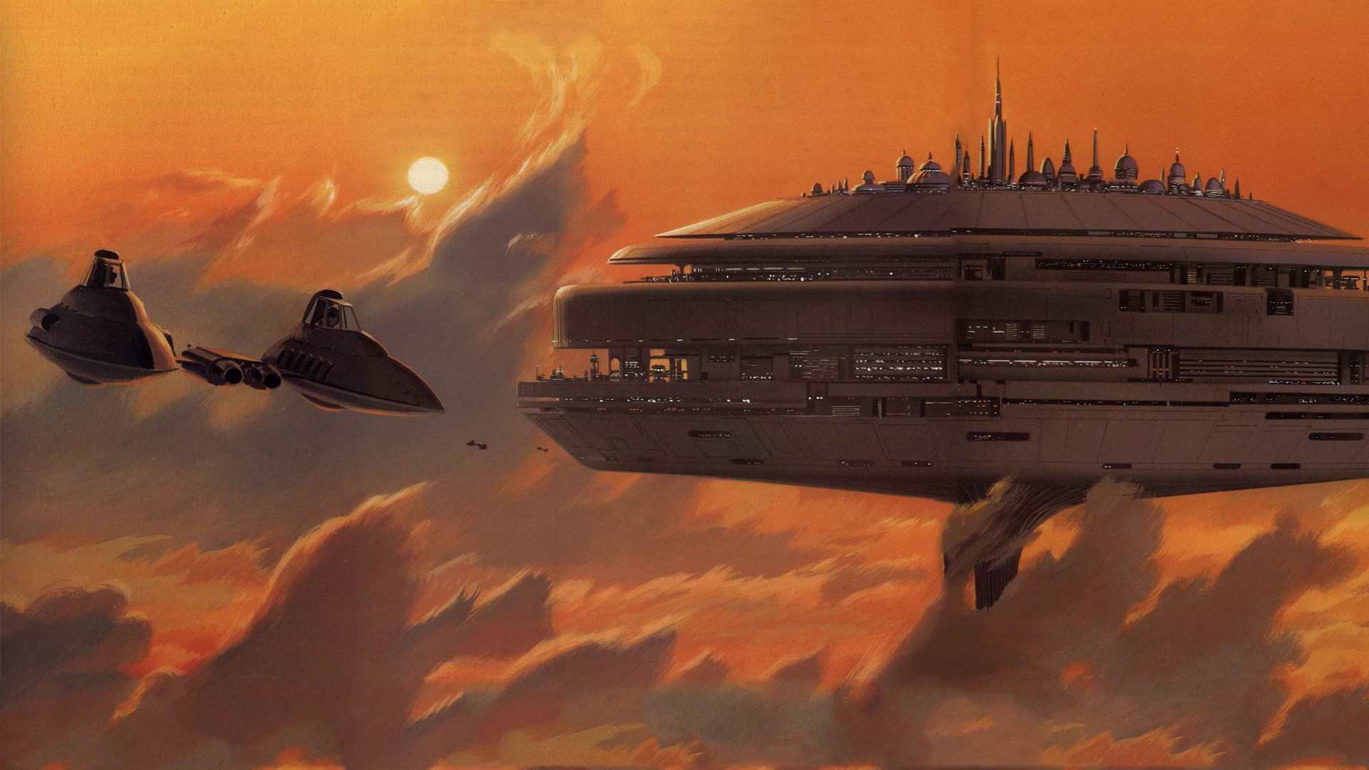 Star Wars vehicles flying through clouds at sunset HD Wallpaper