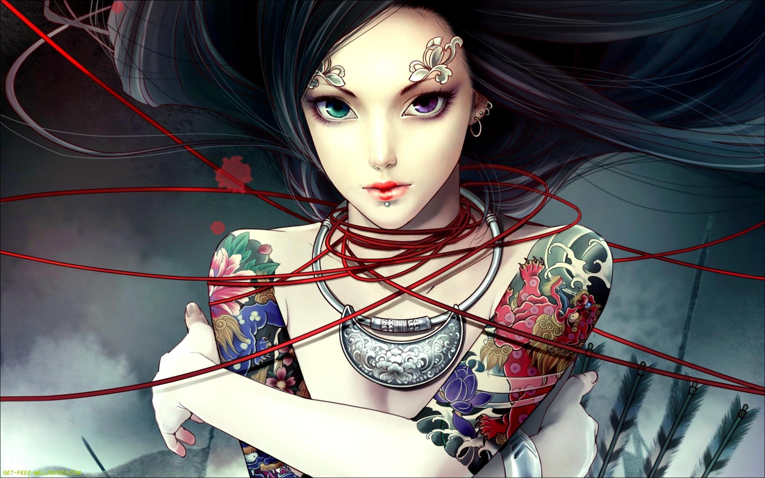 Woman with tattoos and heterochromia HD Wallpaper