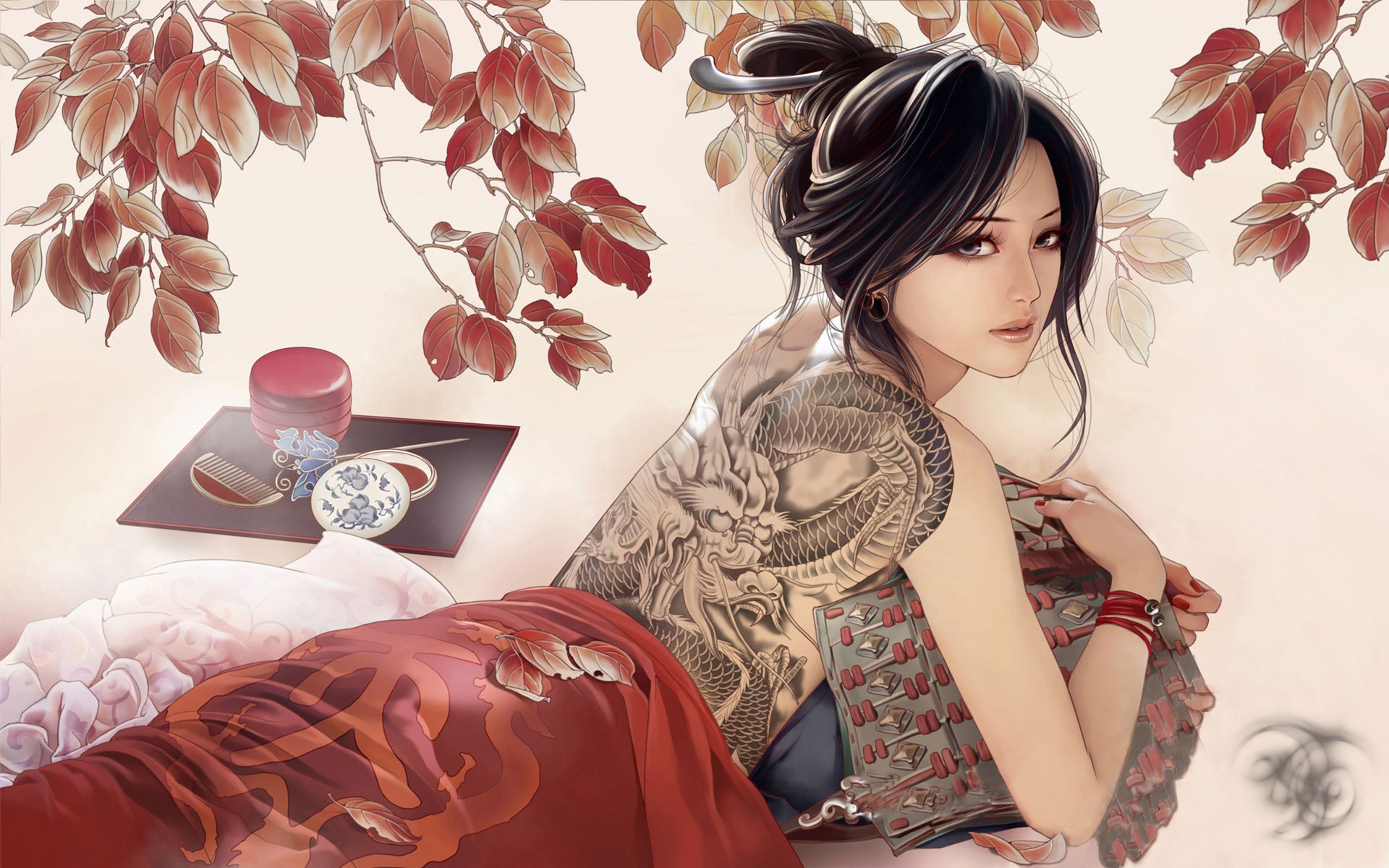 Woman with dragon tattoo and traditional Japanese items HD Wallpaper