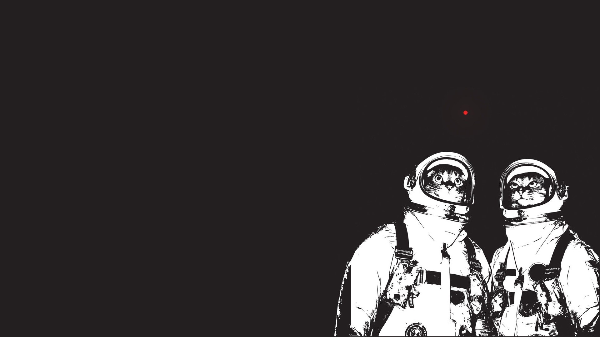 Two cats in astronaut suits looking at a red dot HD Wallpaper