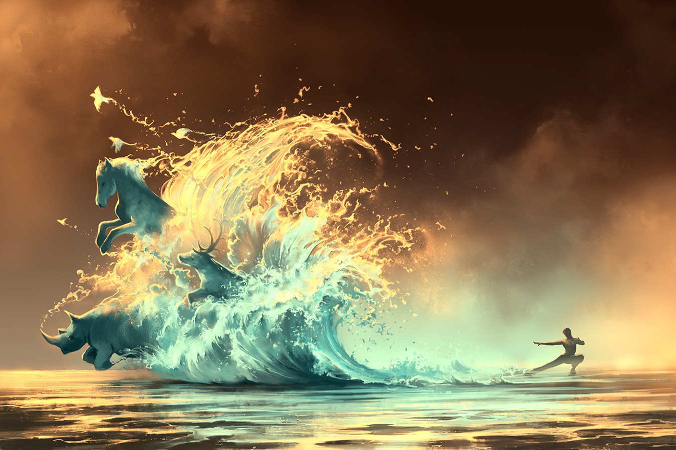 Artwork of animals and a martial artist in a wave HD Wallpaper