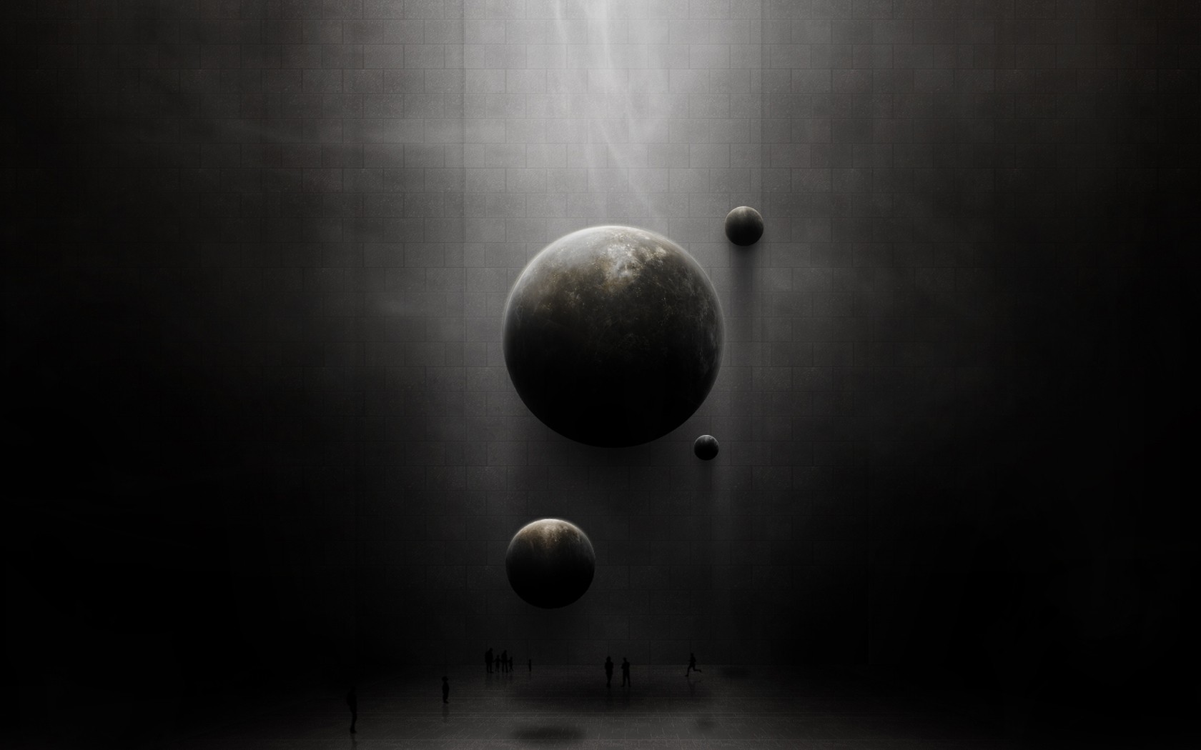 Abstract planets in a dark, textured room HD Wallpaper