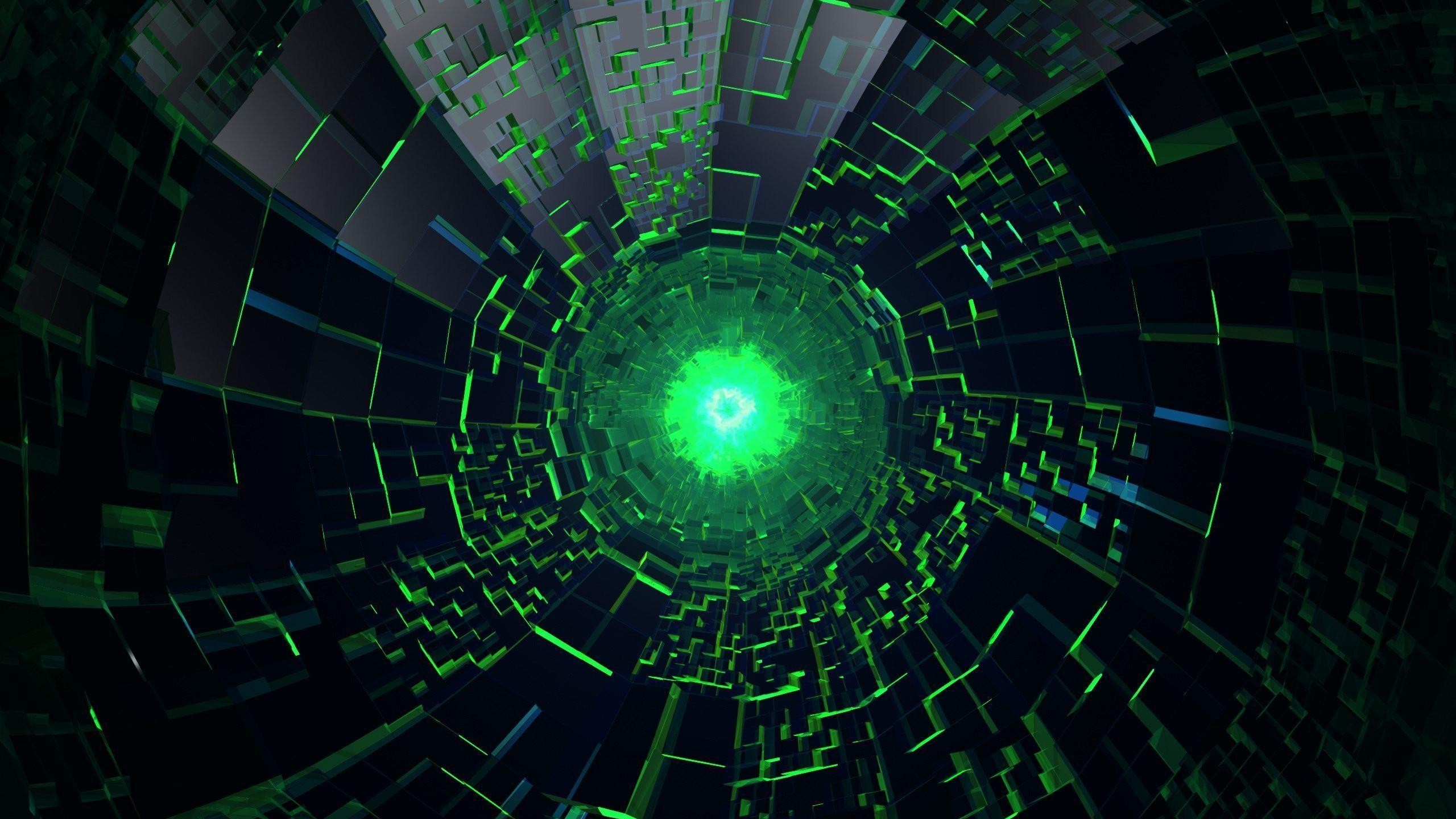 Abstract green tunnel with geometric patterns HD Wallpaper