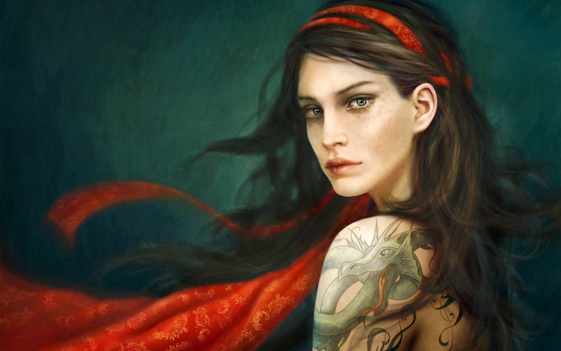 Woman with dragon tattoo and red scarf HD Wallpaper