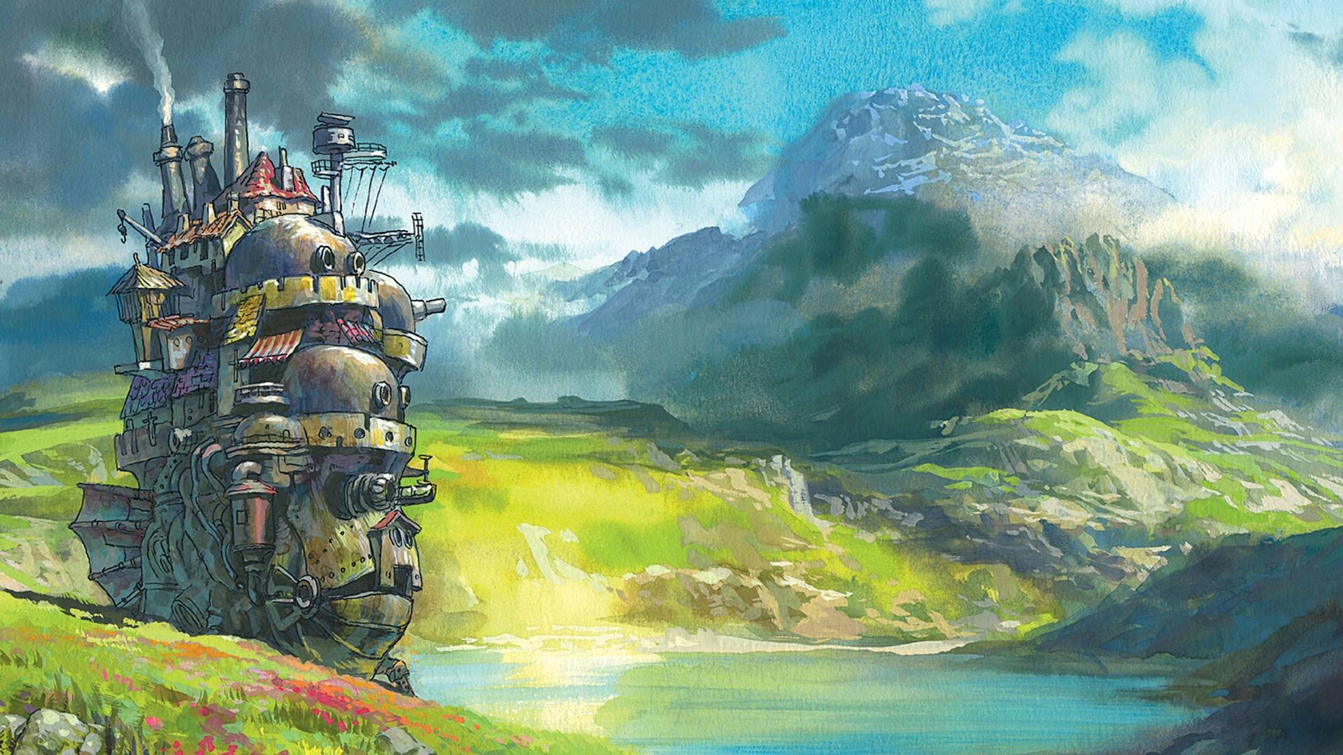 Howl's Moving Castle in a Mountain Landscape HD Wallpaper