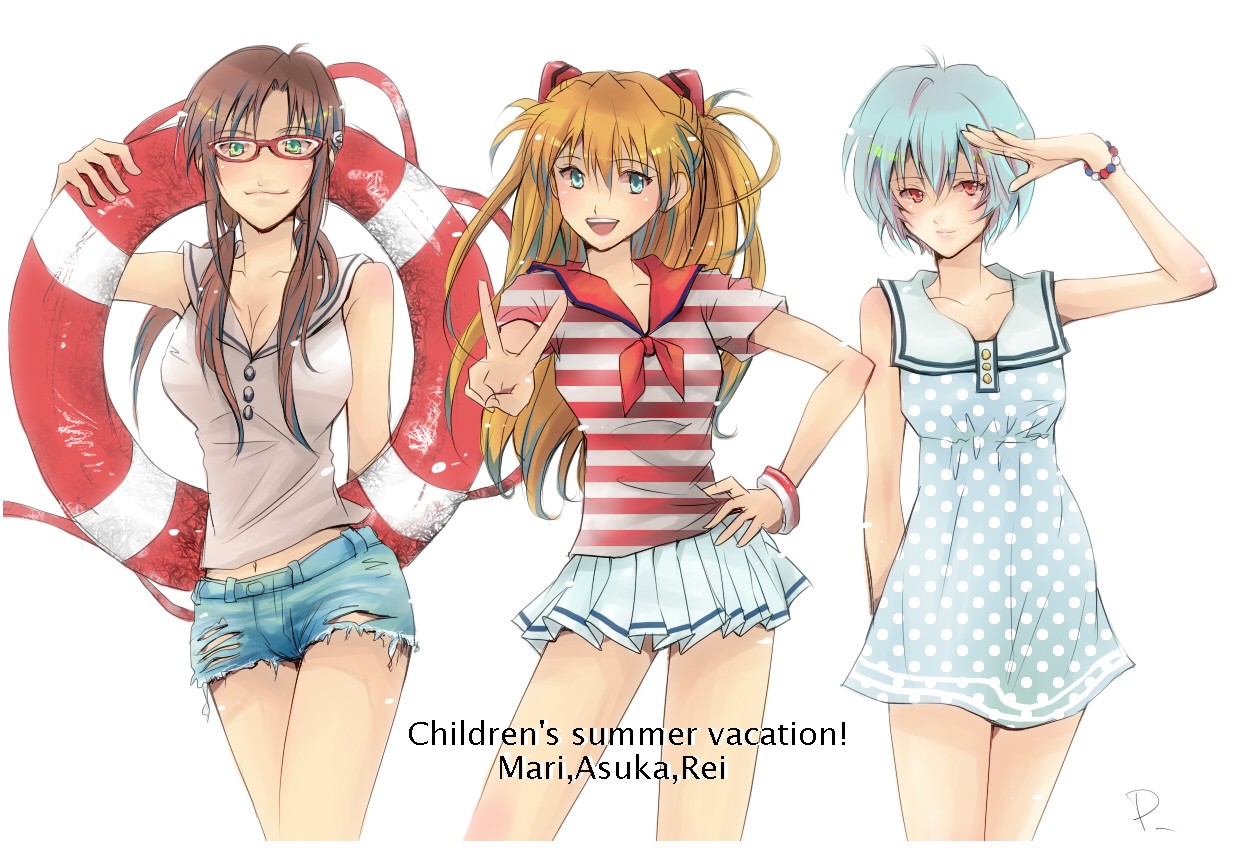 Evangelion Girls Mari, Asuka, and Rei in Summer Outfits HD Wallpaper