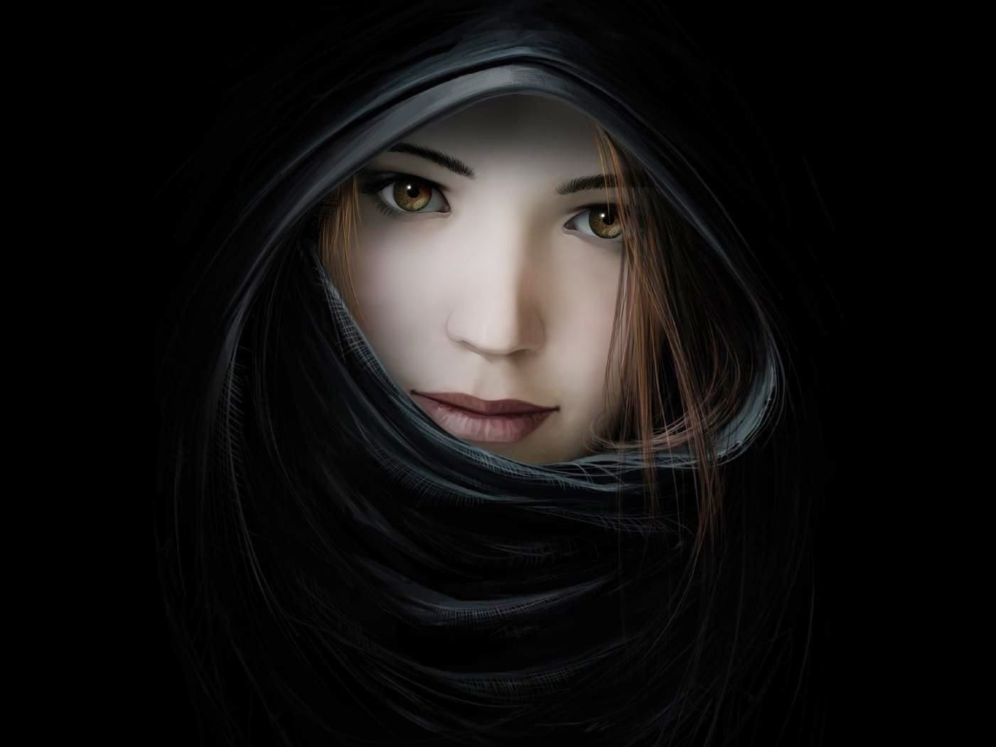 Artwork of a woman with a dark hood HD Wallpaper