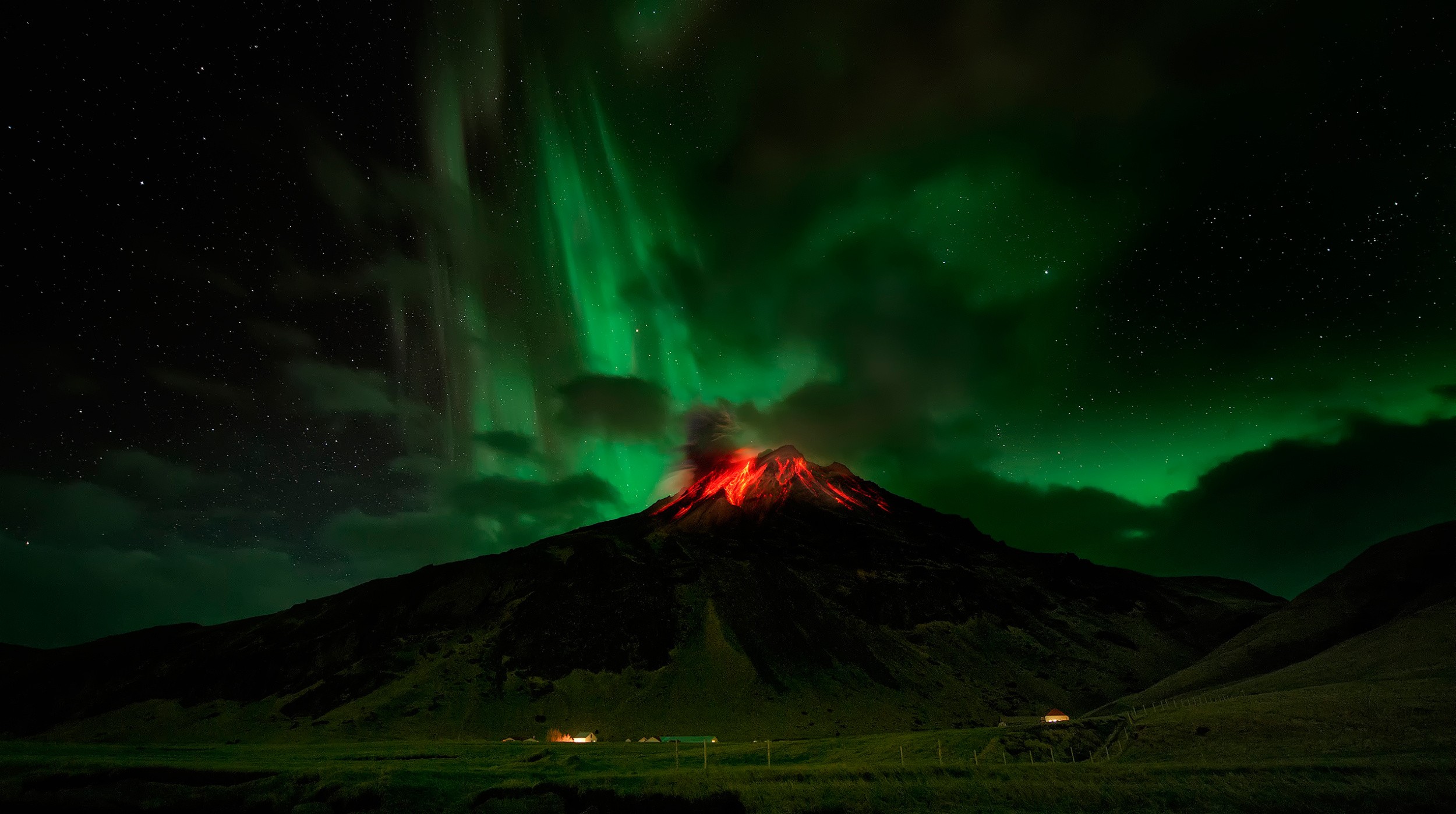 Volcano erupting under the Aurora Borealis at night HD Wallpaper