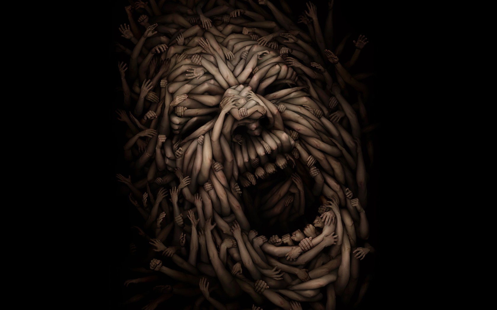 Artwork of a screaming face made of hands HD Wallpaper