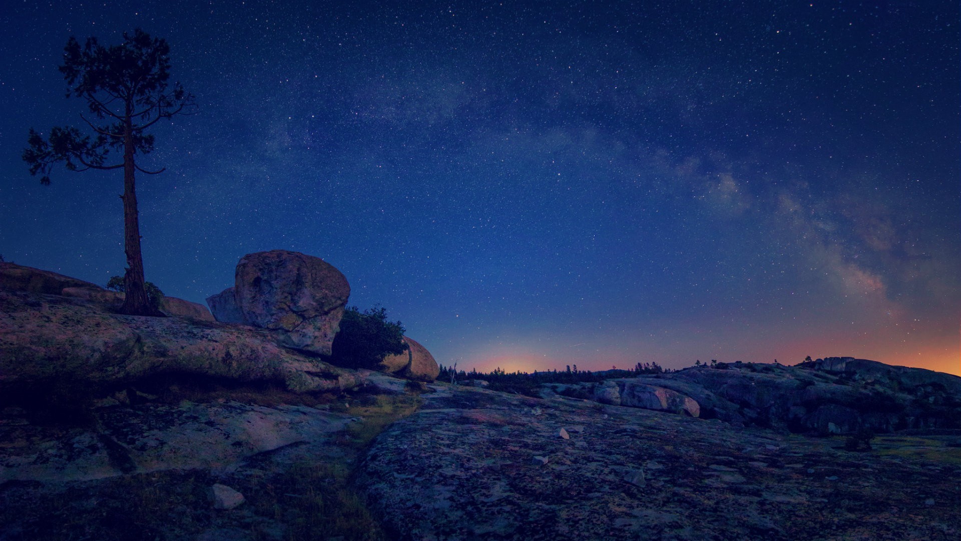 Night landscape with Milky Way and stars over rocks HD Wallpaper
