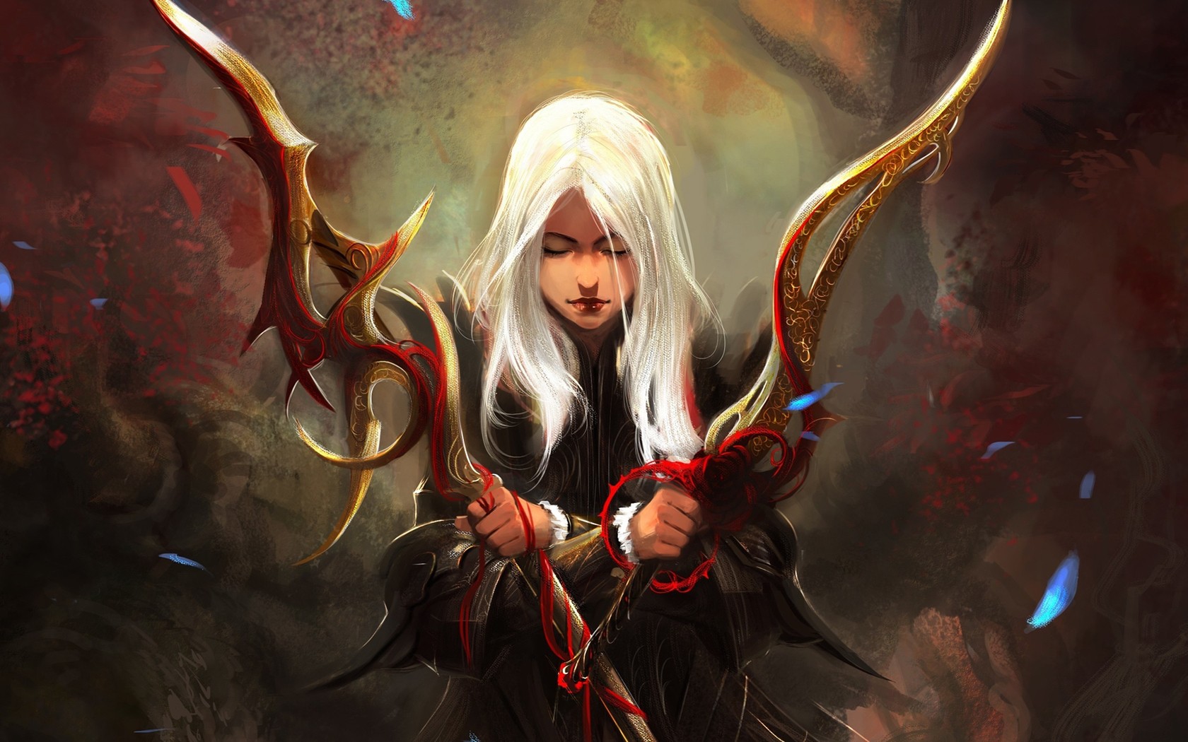 Fantasy artwork of a warrior with white hair and swords HD Wallpaper