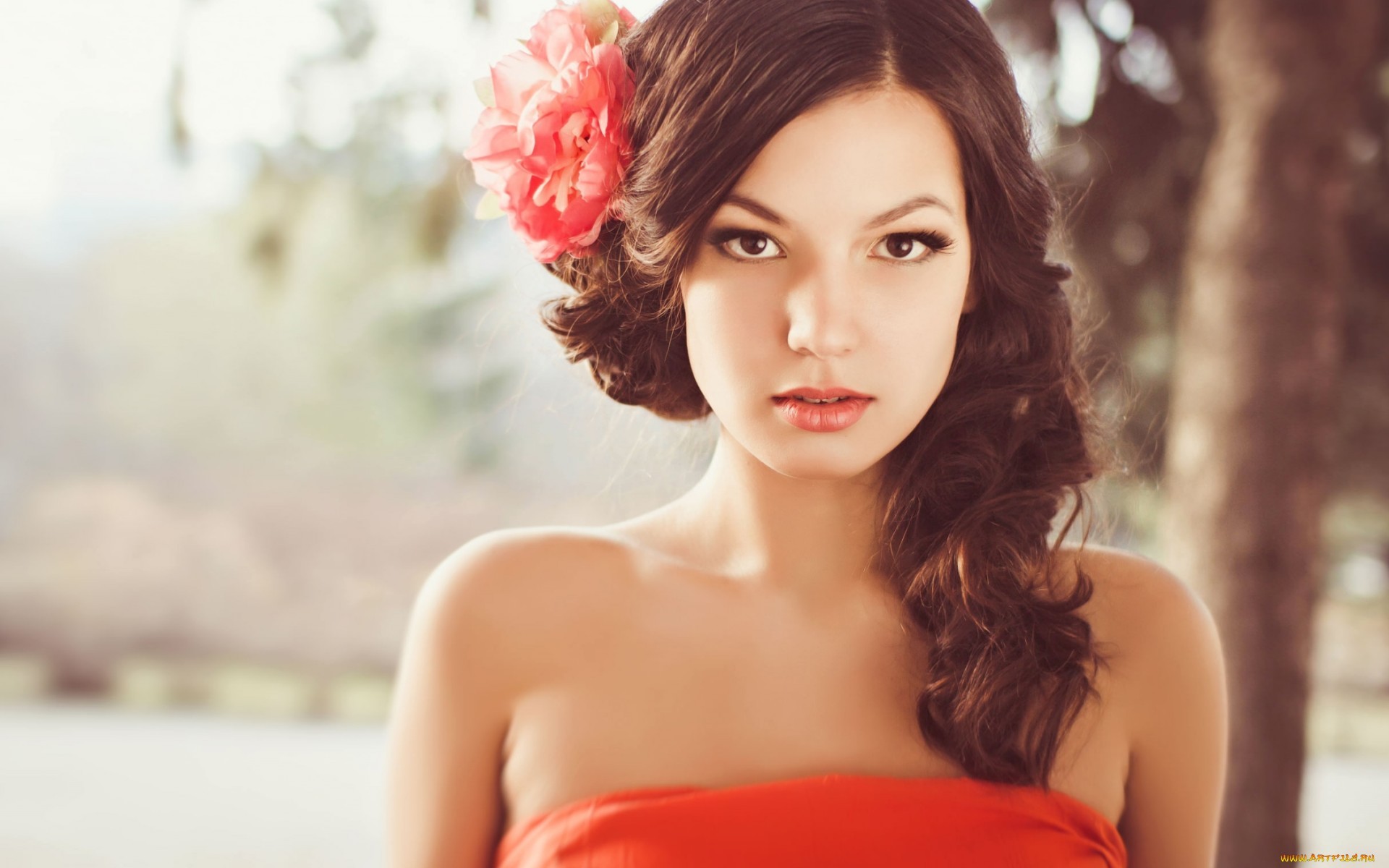 Woman with flower in her hair and bare shoulders HD Wallpaper