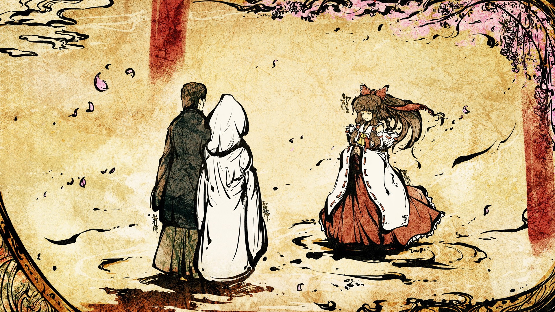 Hakurei Reimu and two figures in traditional Japanese attire HD Wallpaper
