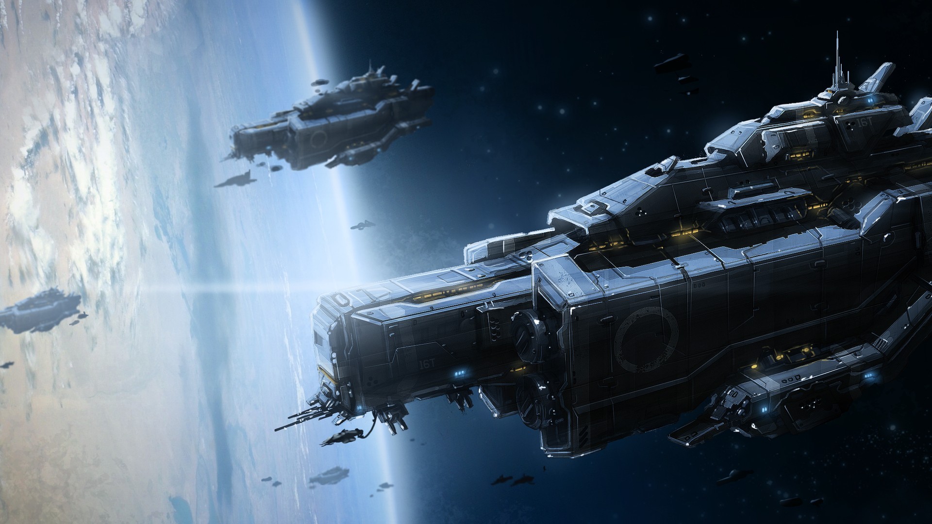 Spaceships in orbit above a planet HD Wallpaper