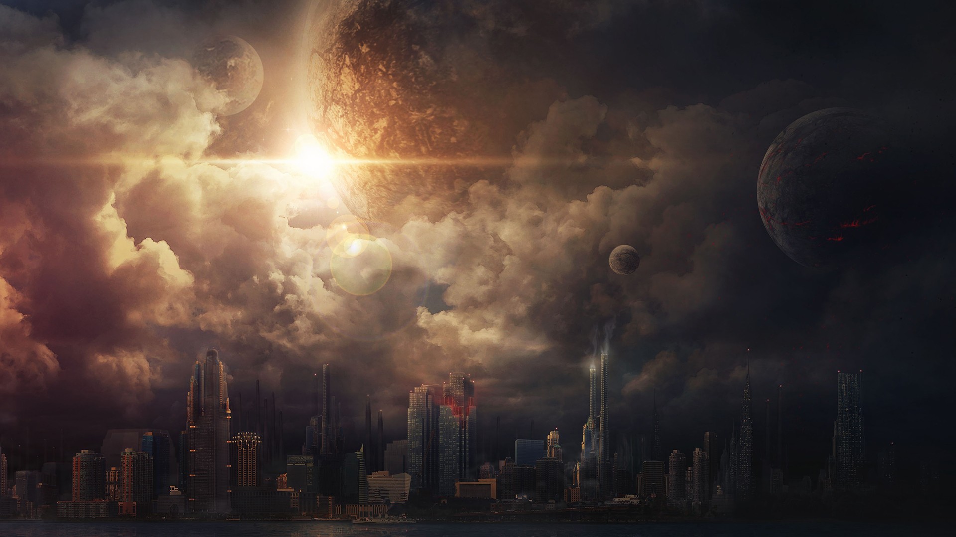 Fantasy cityscape with planets and clouds HD Wallpaper