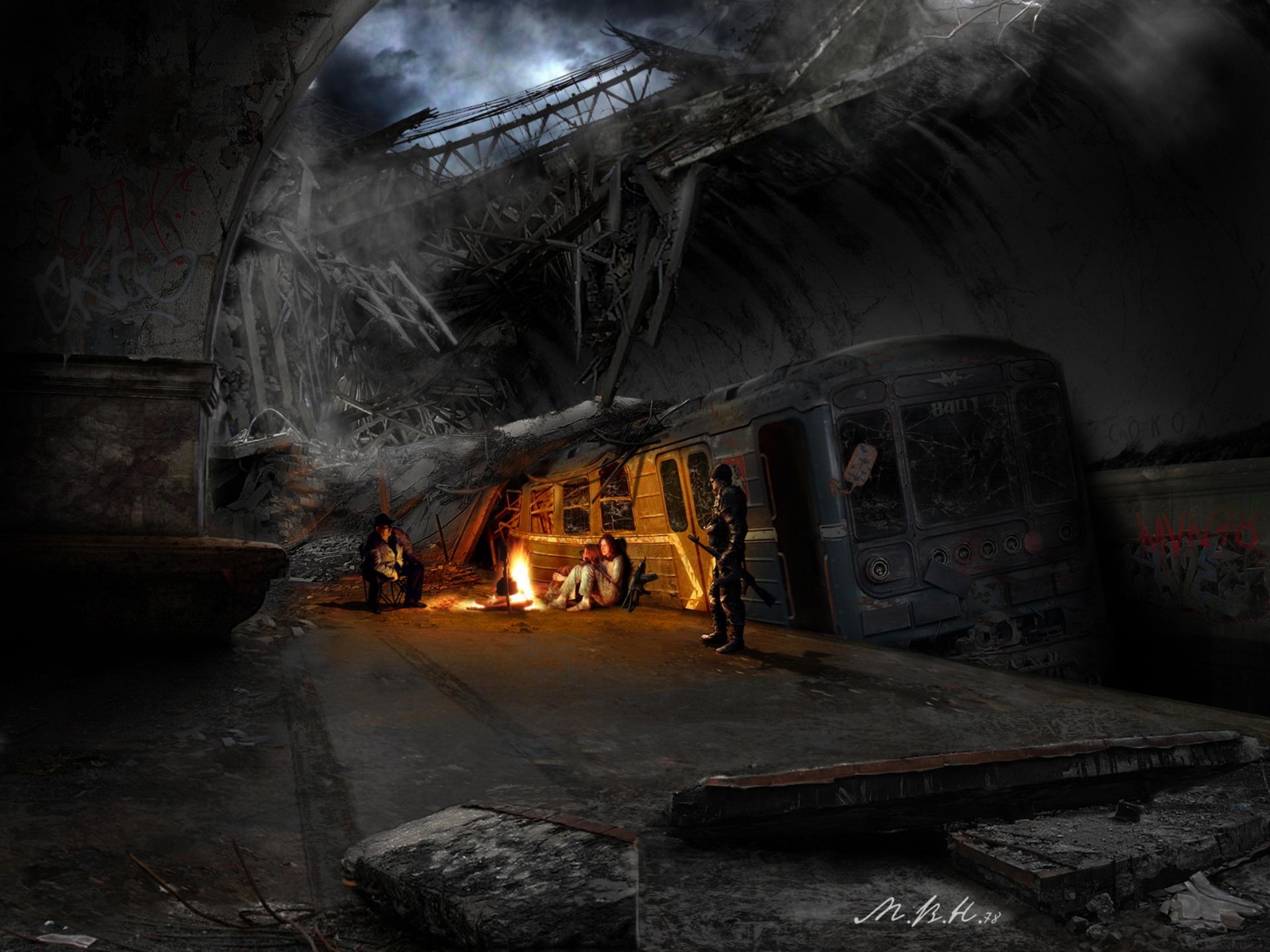 Post-apocalyptic survivors in a ruined subway station HD Wallpaper