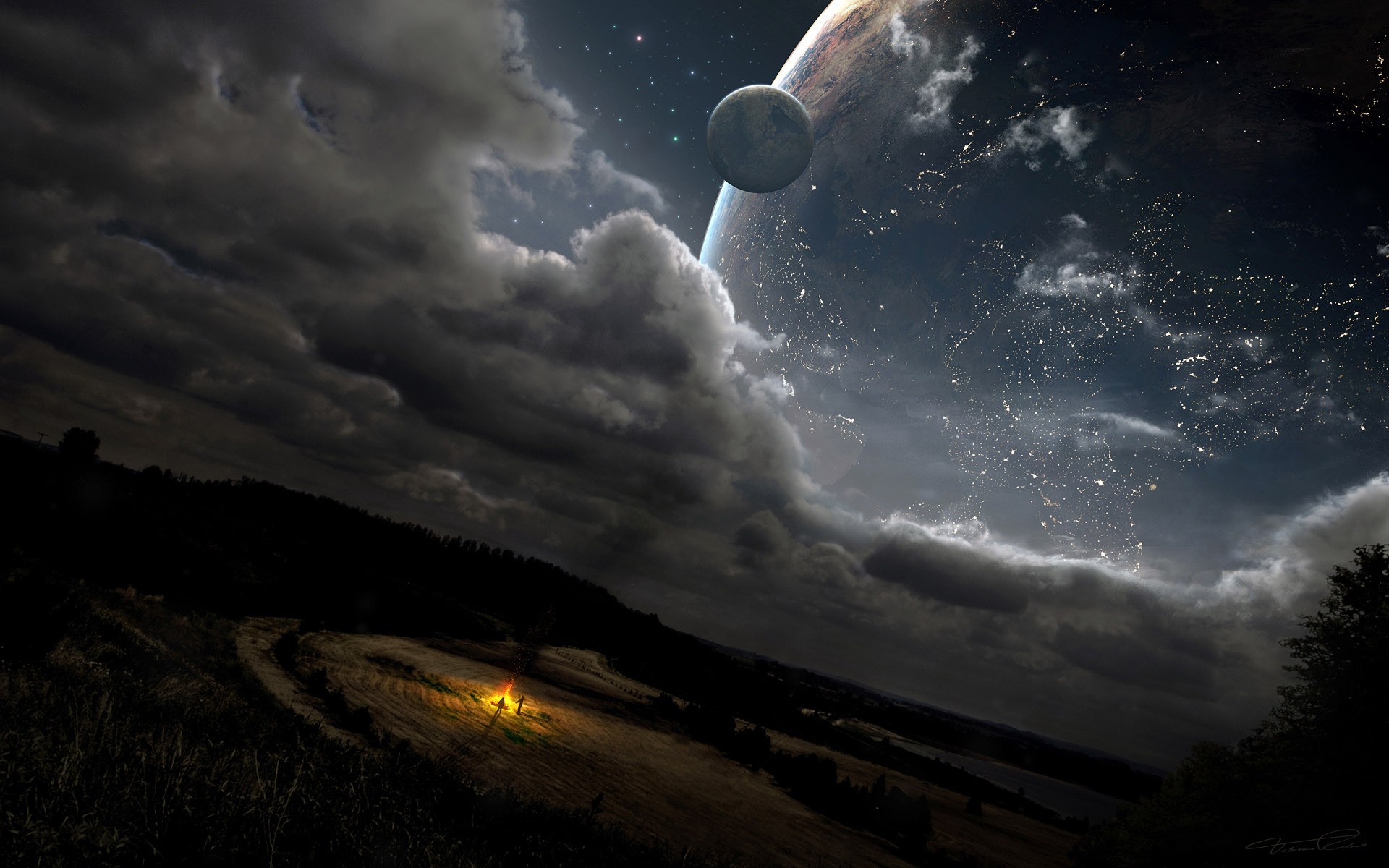 Fantasy artwork of a planet and moon in the night sky HD Wallpaper