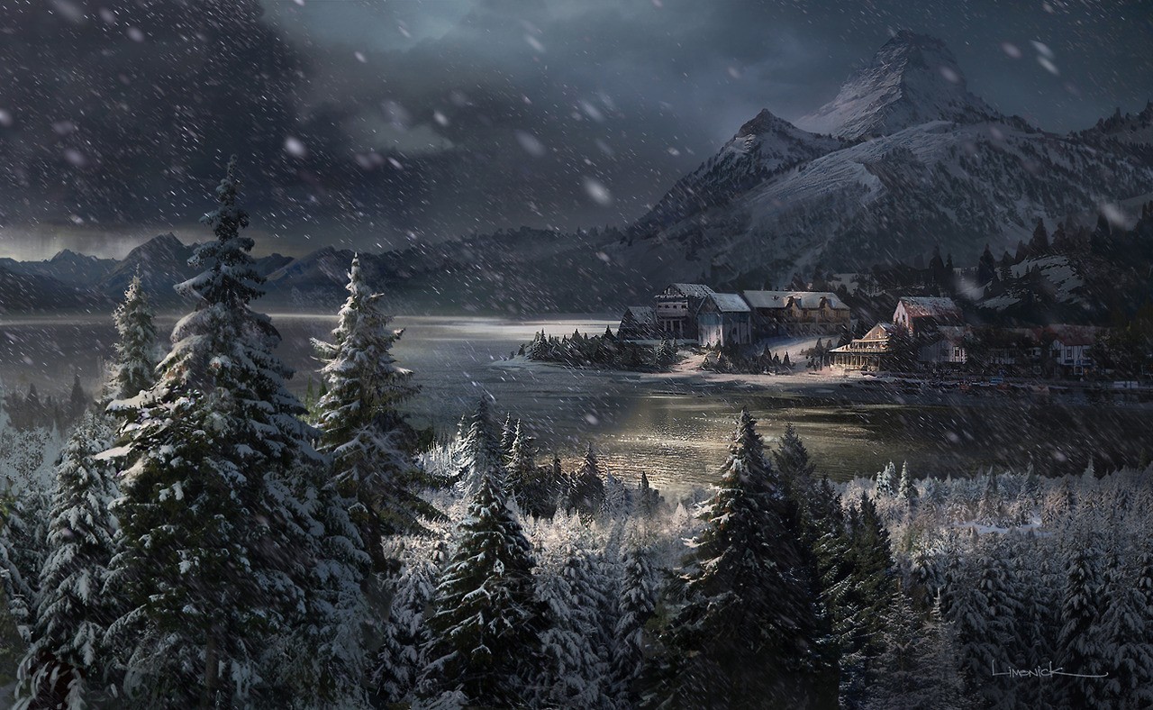 The Last of Us winter scene with a village by a lake HD Wallpaper