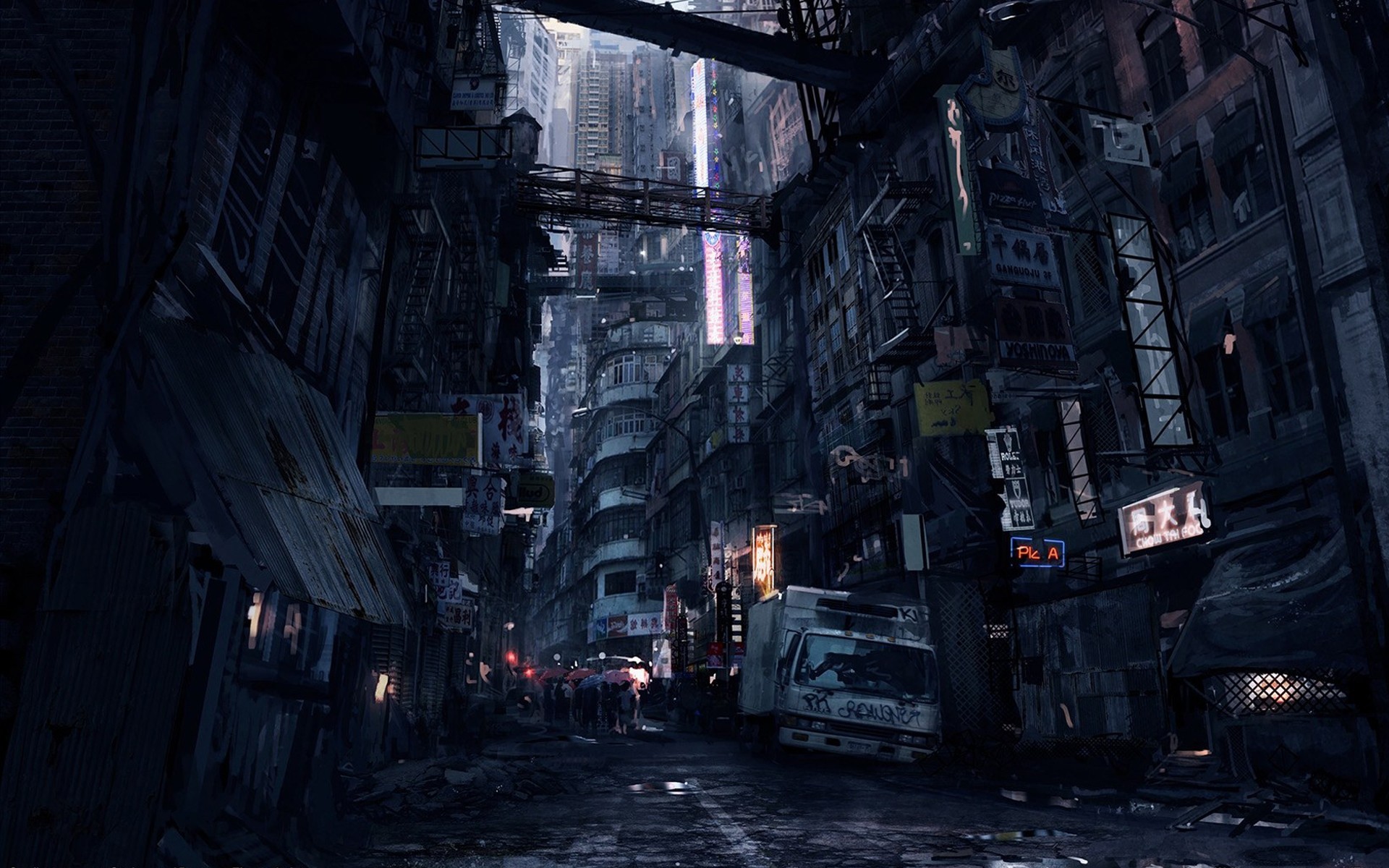 Cyberpunk City Street with Neon Signs and Truck HD Wallpaper