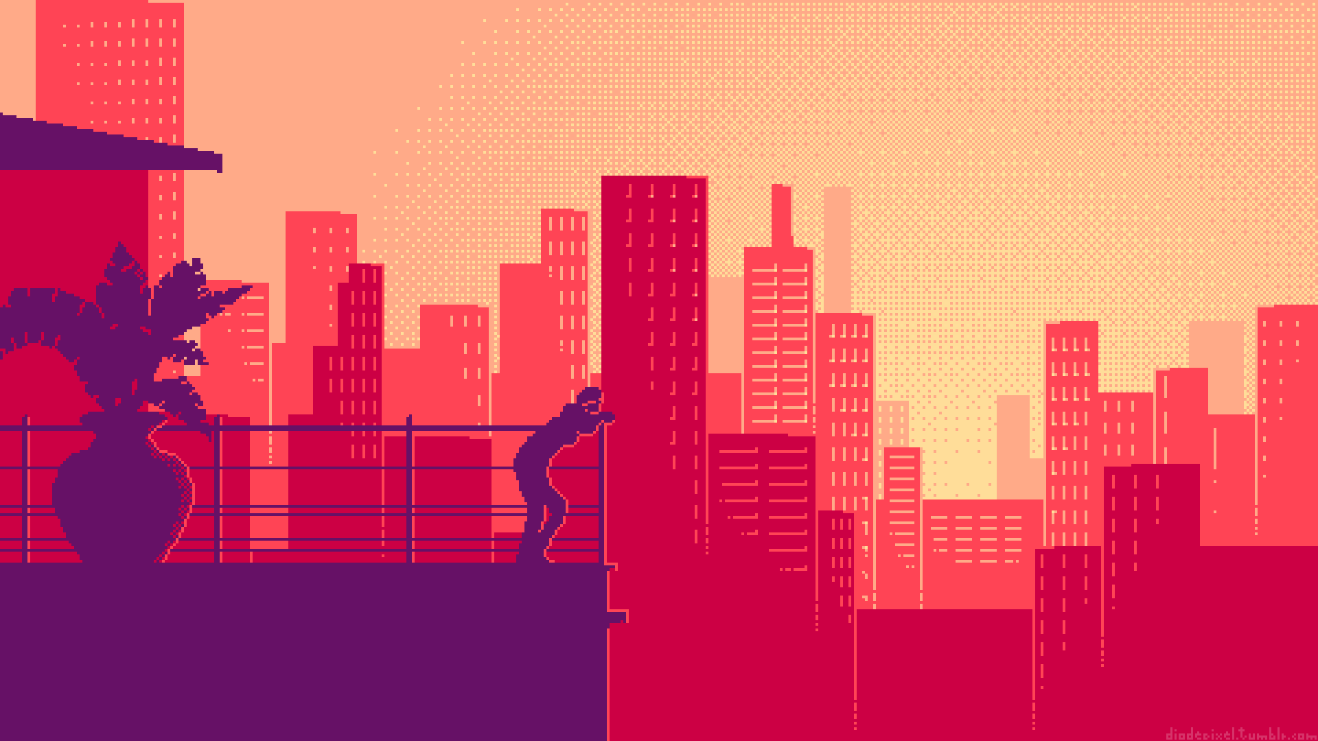 Pixel art of a person looking over a city skyline at sunset HD Wallpaper