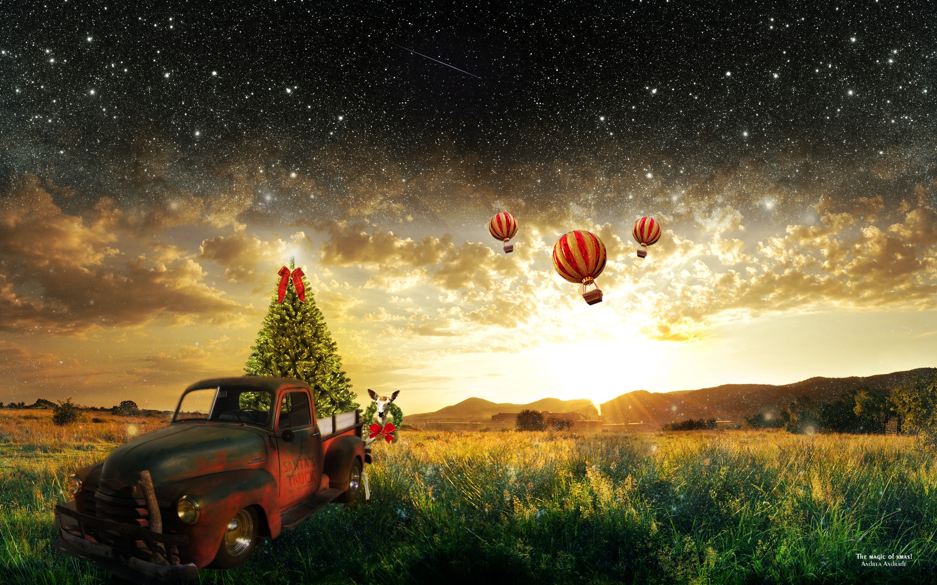 Christmas truck with tree and hot air balloons under starry sky HD Wallpaper