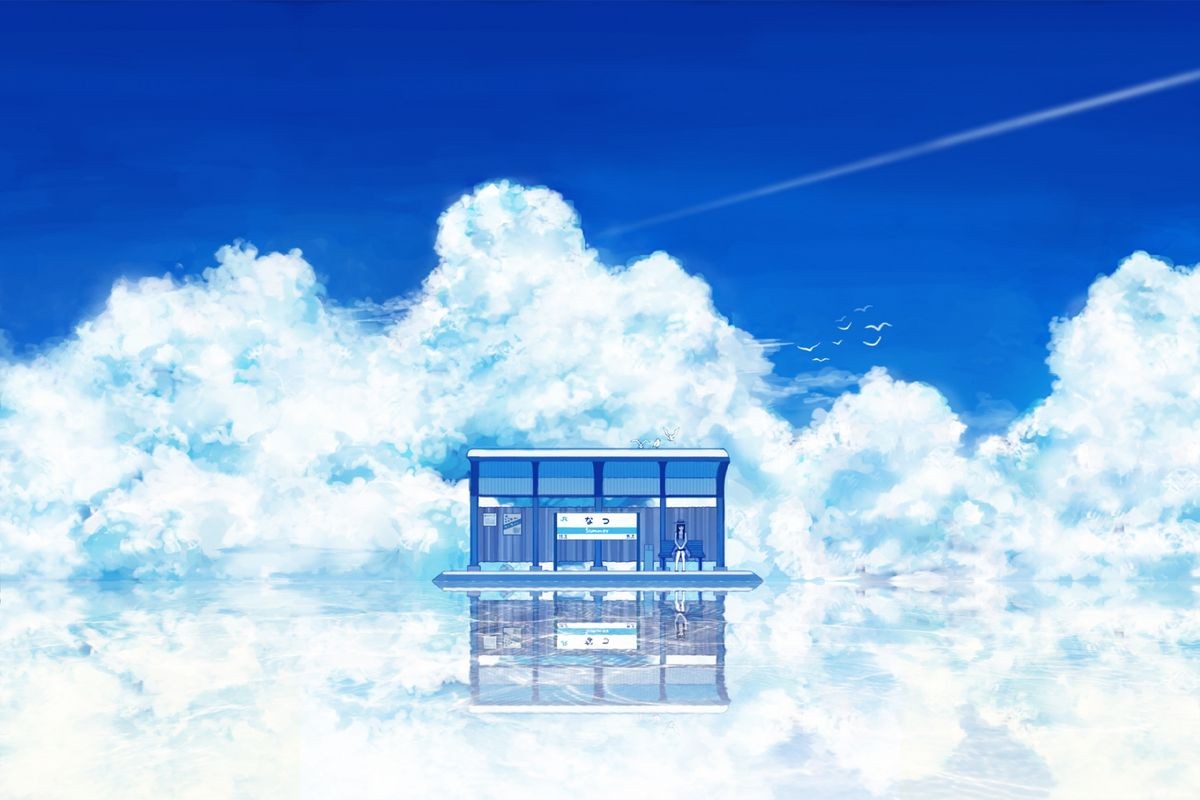 Bus stop in the clouds reflected on water HD Wallpaper