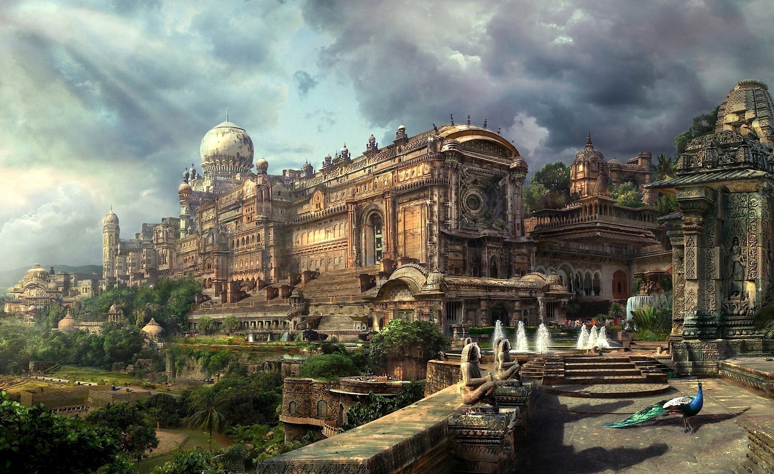 Digital art of an ancient Indian palace with a peacock HD Wallpaper
