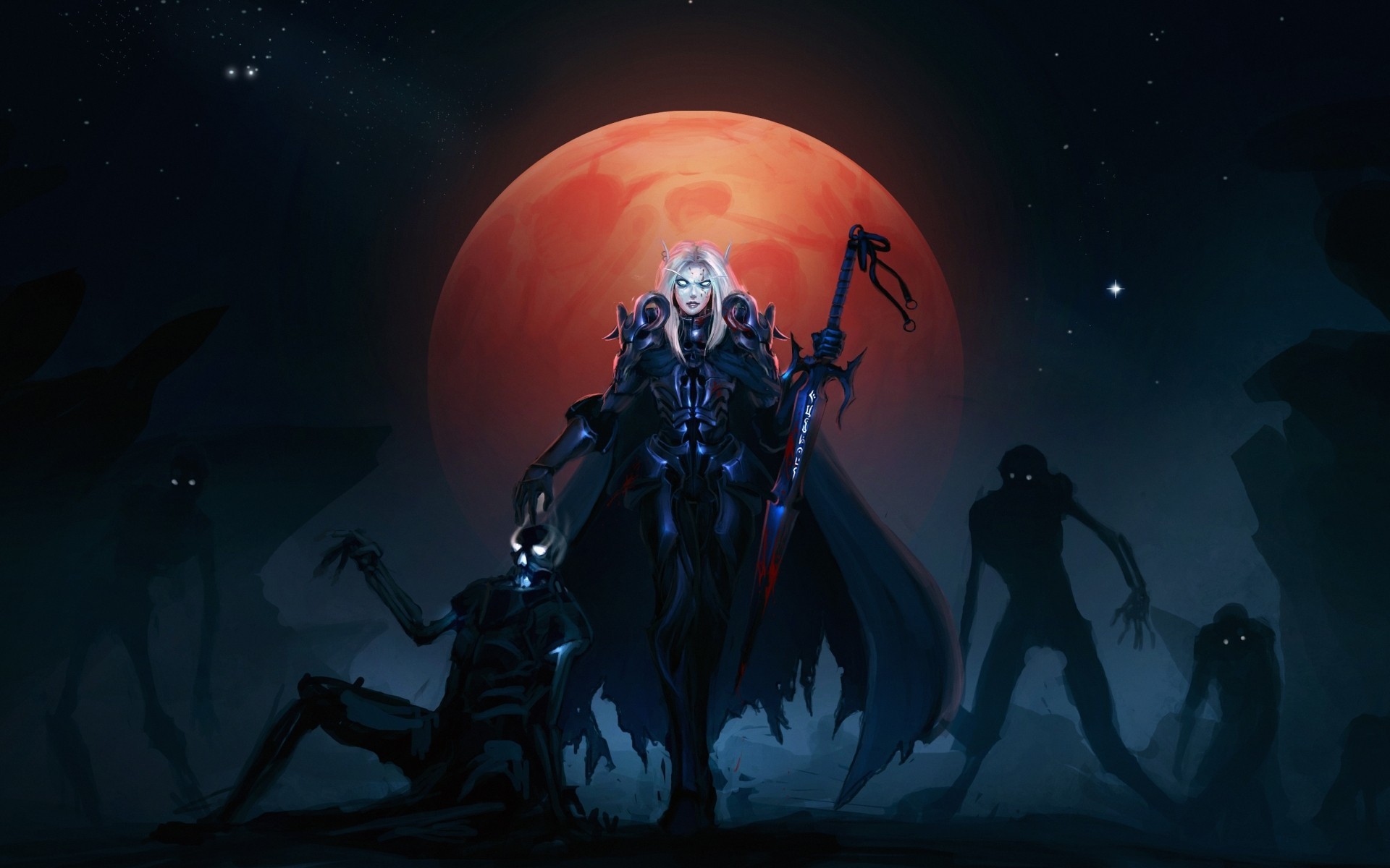 Fantasy art of a female warrior with skeletons and zombies HD Wallpaper
