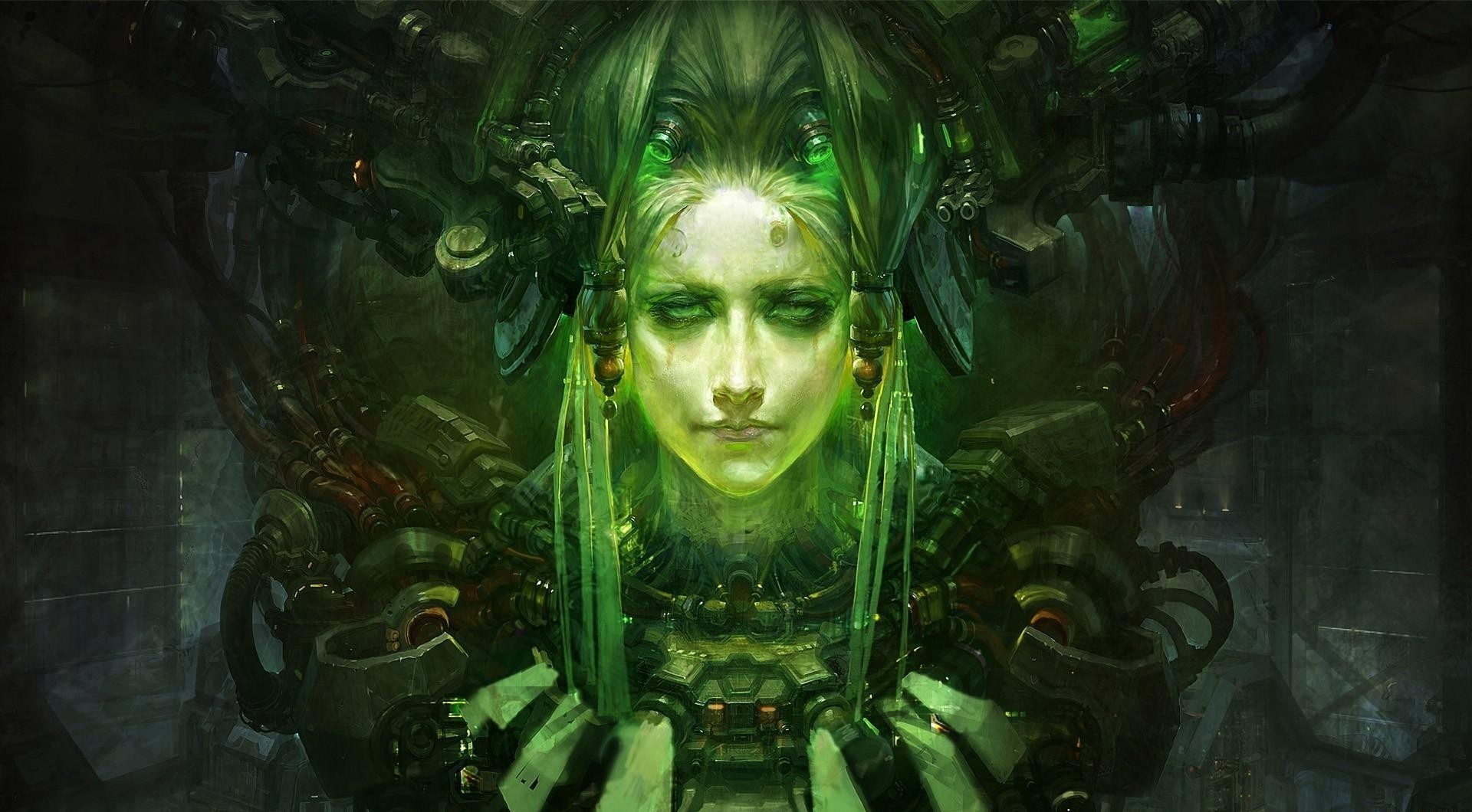Artwork of a cyborg woman with green glowing eyes HD Wallpaper