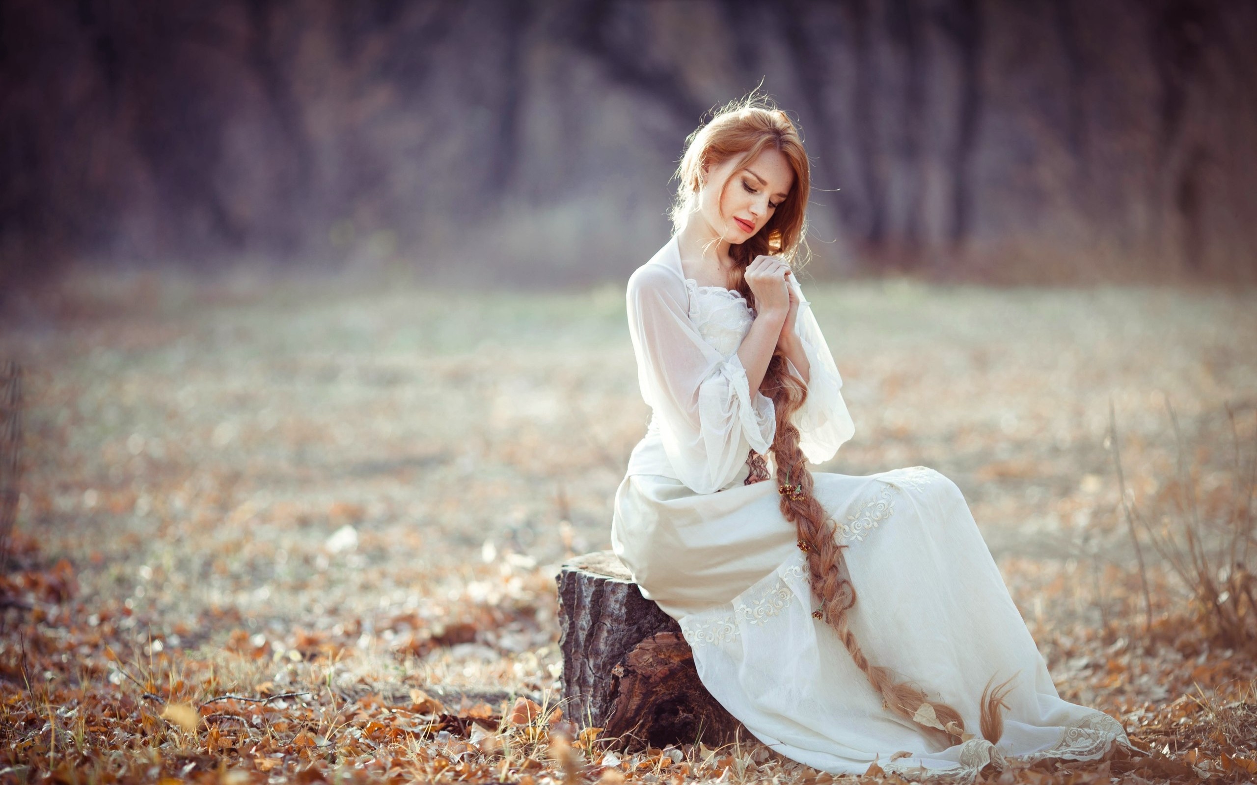 Redhead woman with long braids in a white dress outdoors HD Wallpaper