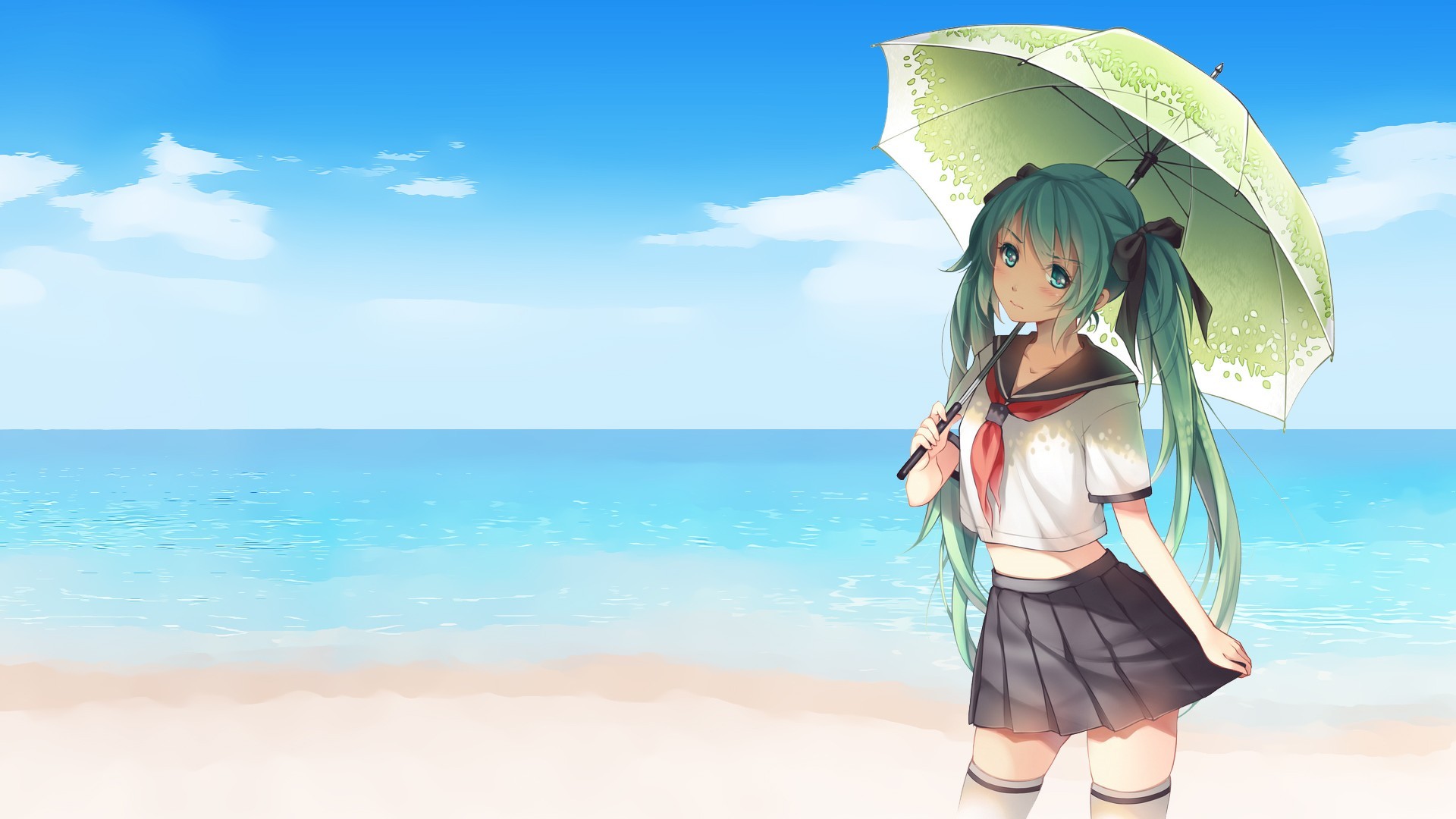 Hatsune Miku on a Beach with an Umbrella HD Wallpaper