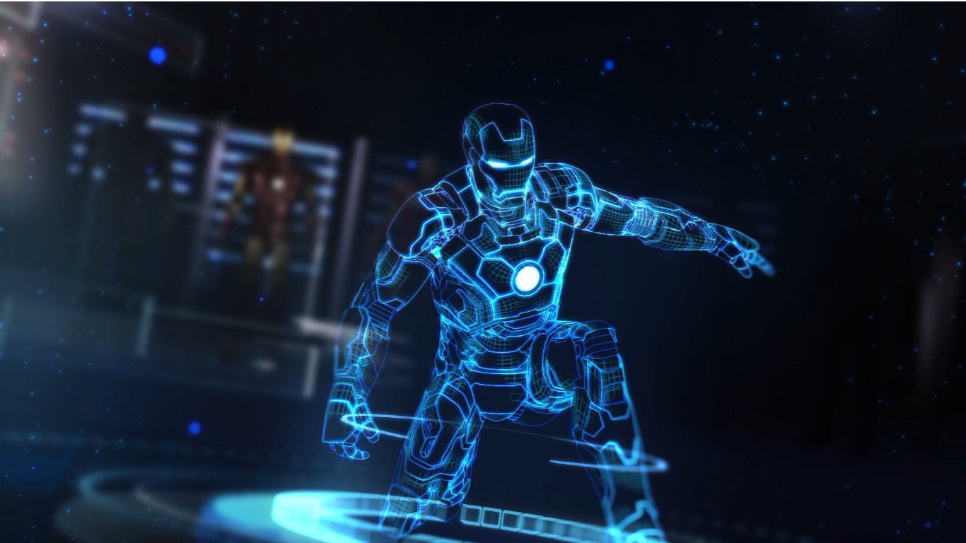 Iron Man hologram in a futuristic lab HD Wallpaper