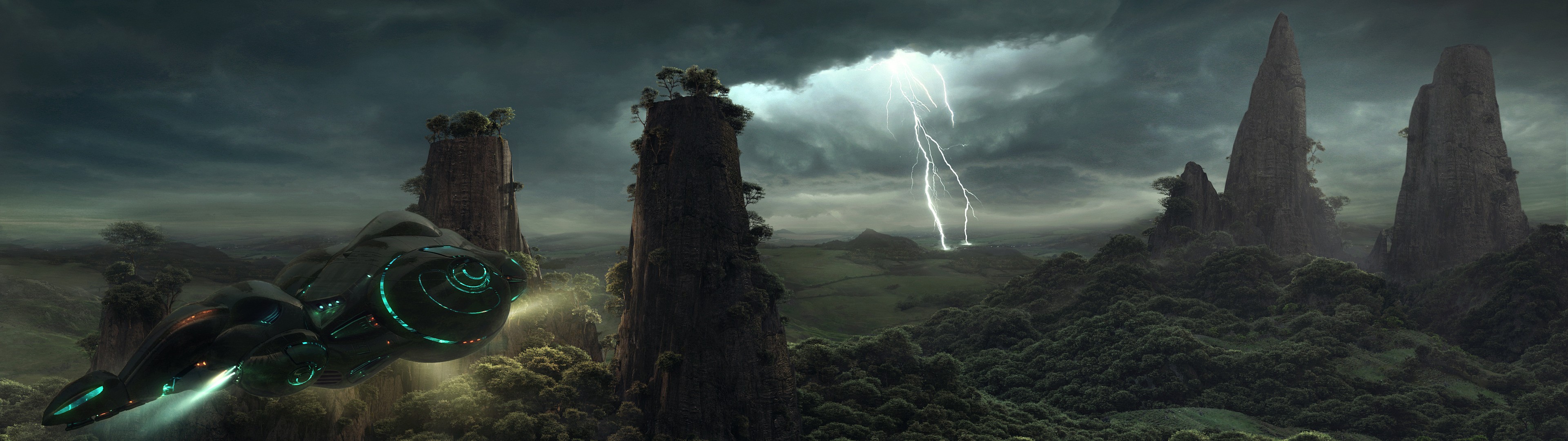 Spaceship flying through a stormy alien landscape HD Wallpaper