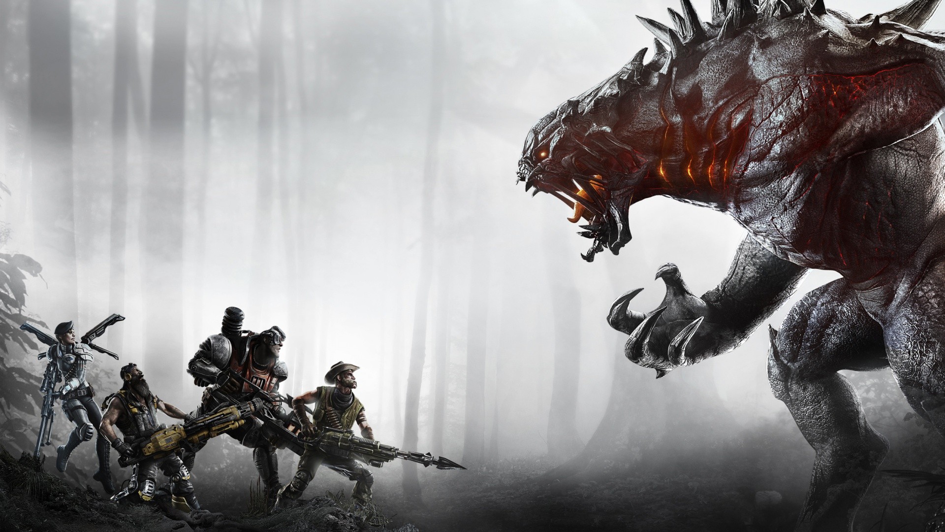 Evolve: Hunters Face a Giant Monster in a Forest HD Wallpaper