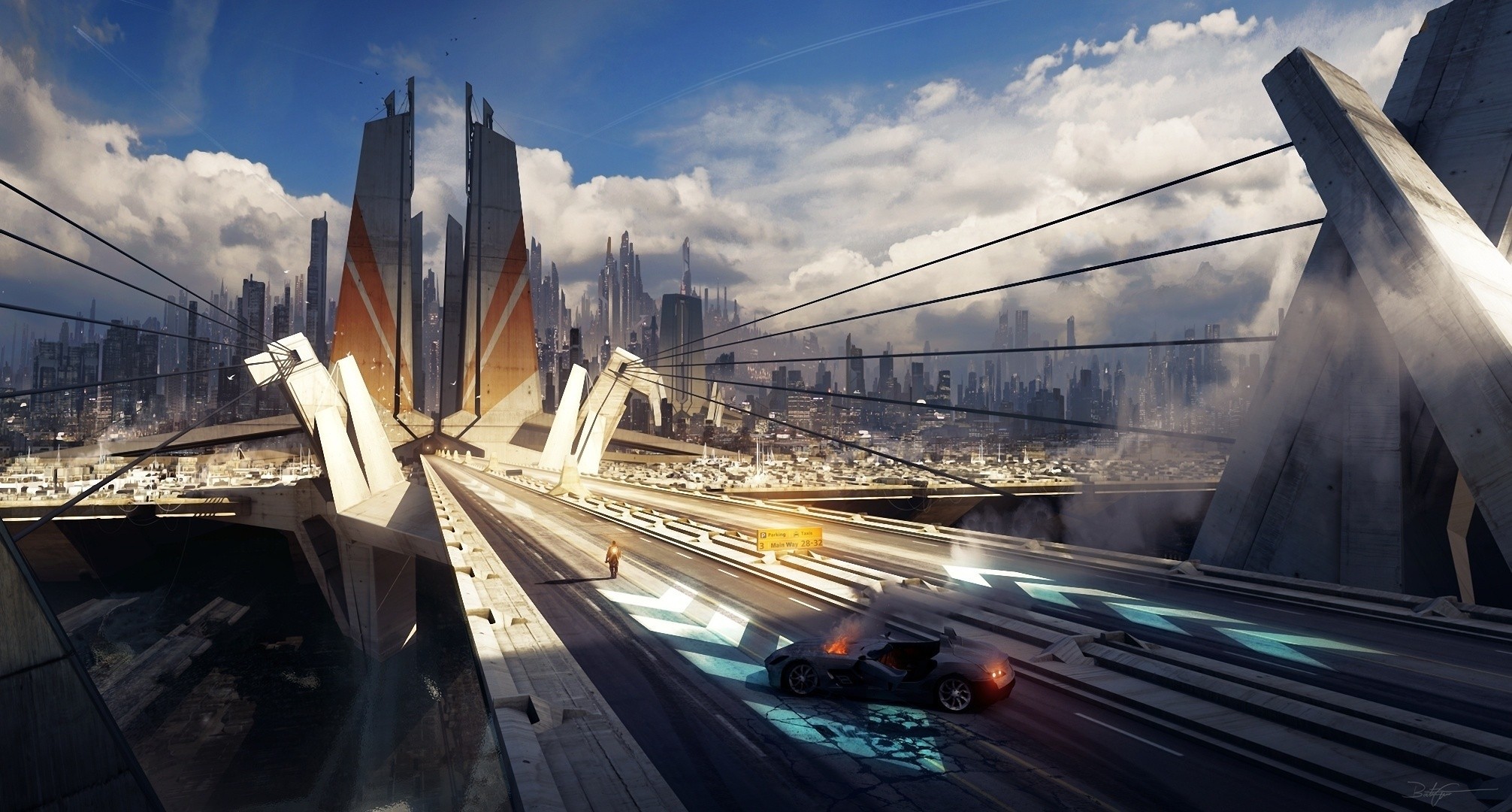 Futuristic Cityscape with Burning Car on Highway HD Wallpaper