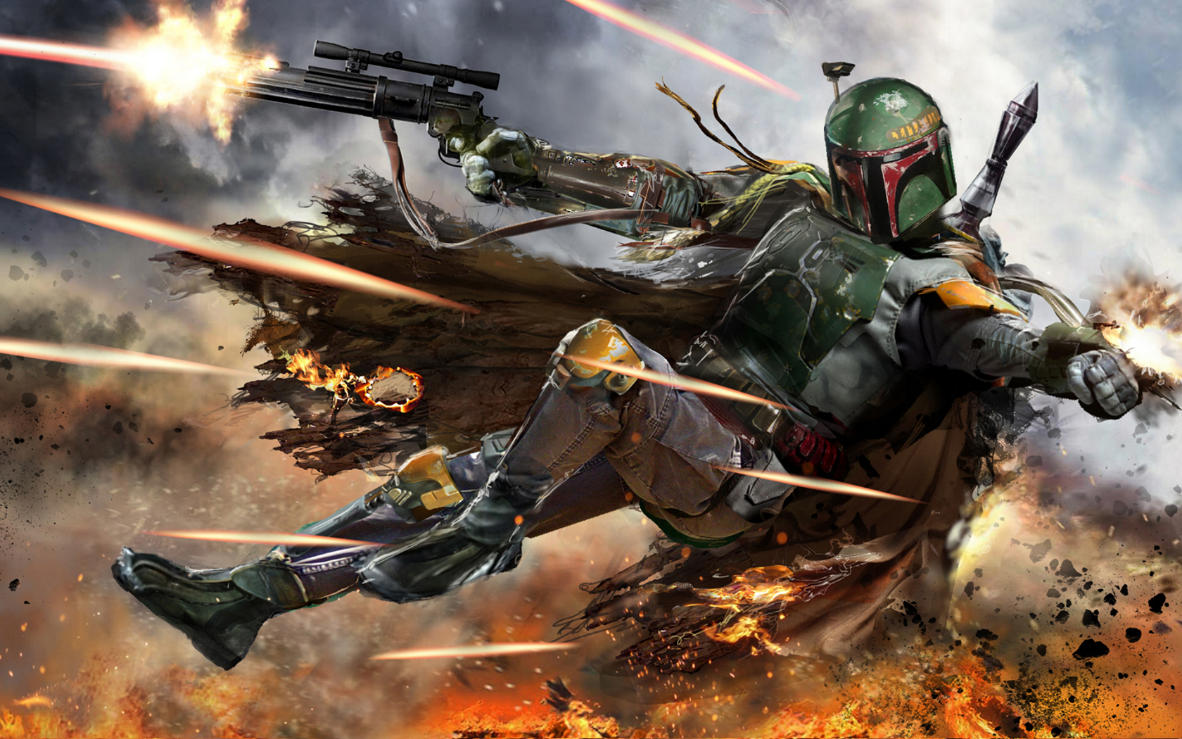 Boba Fett firing his rifle amidst explosions HD Wallpaper