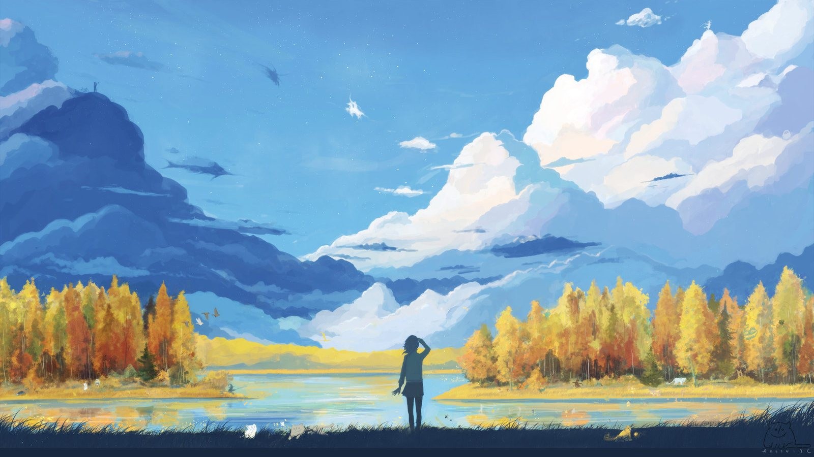 Anime girl looking at a cloudy sky over autumn trees HD Wallpaper