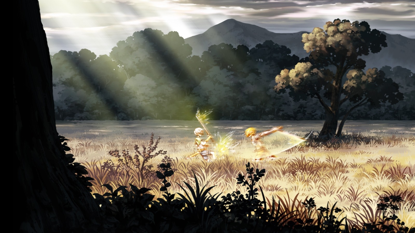 Anime characters fighting with swords in a field HD Wallpaper