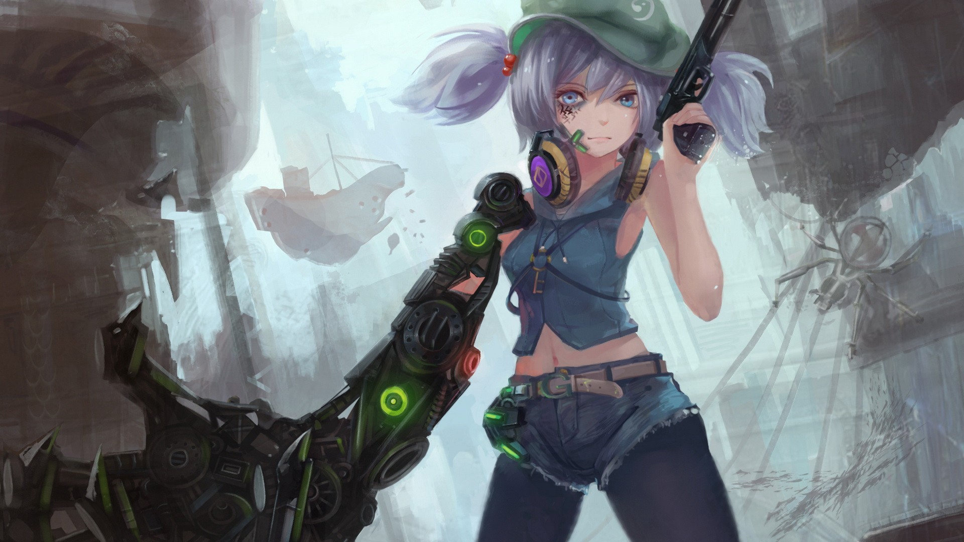 Kawashiro Nitori with mechanical arm and gun HD Wallpaper