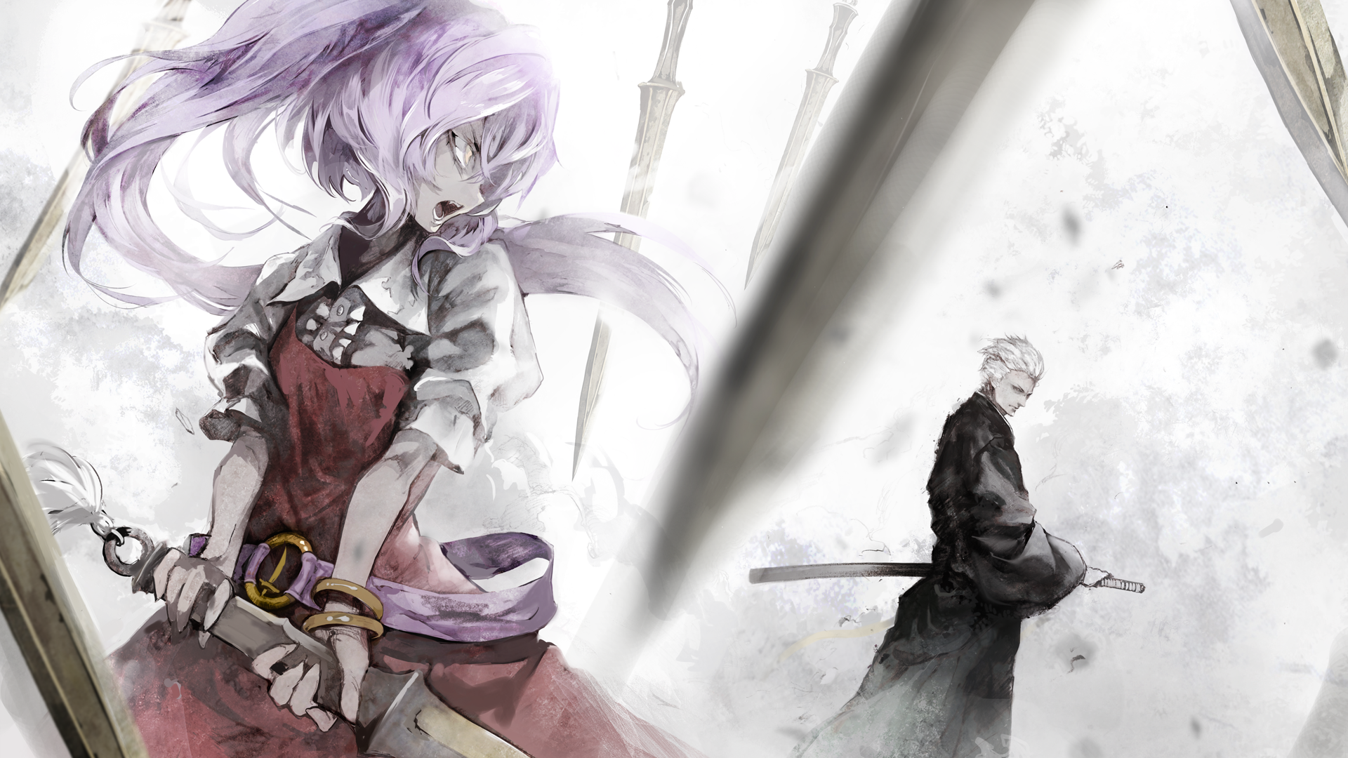 Vergil and Watatsuki no Yorihime with swords HD Wallpaper